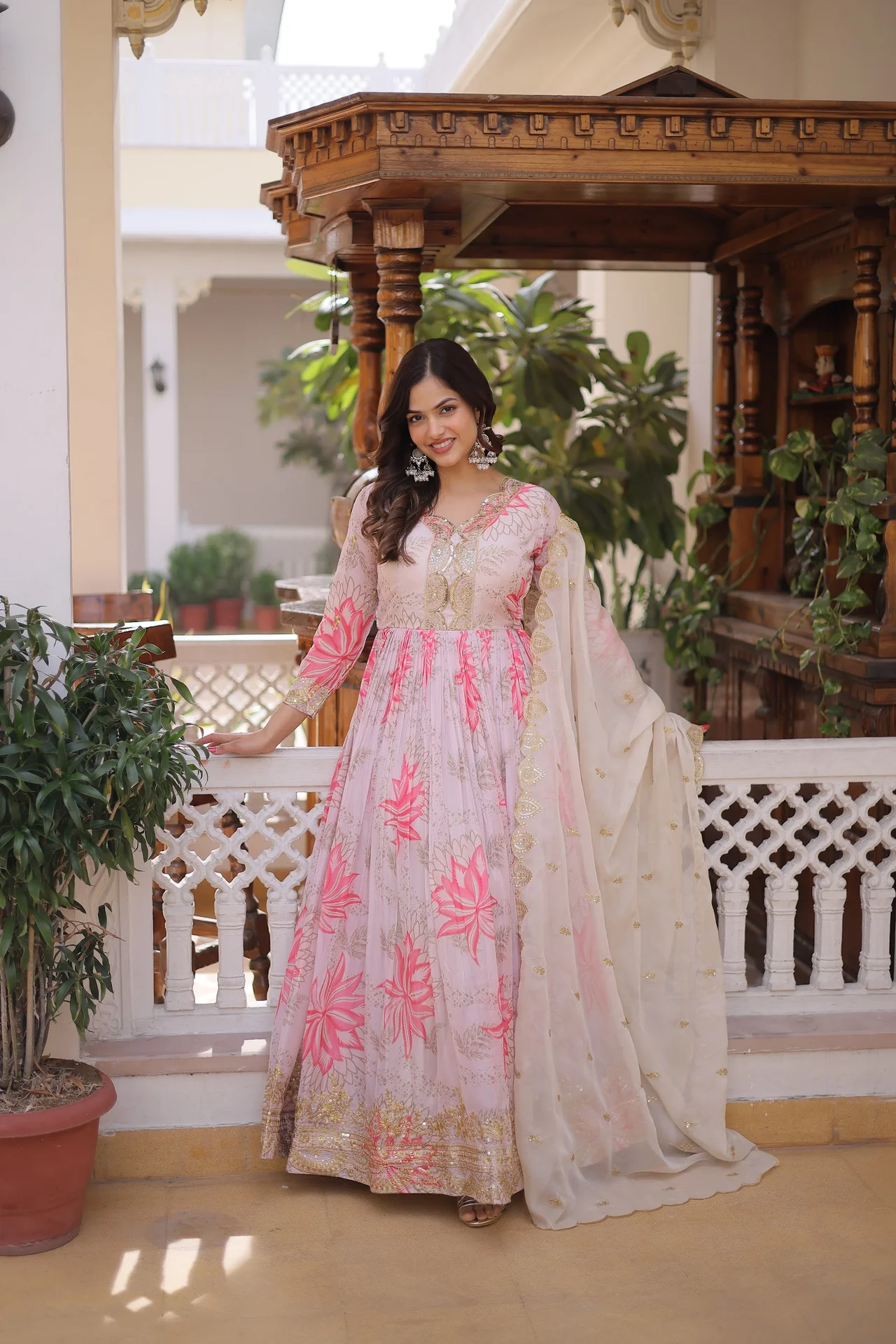 Women's Russian Silk Gown with Dupatta | Digital Print Zari Sequins Embroidery | 3 Mtr Flair 55 Inch Length | Festive Party Wear
