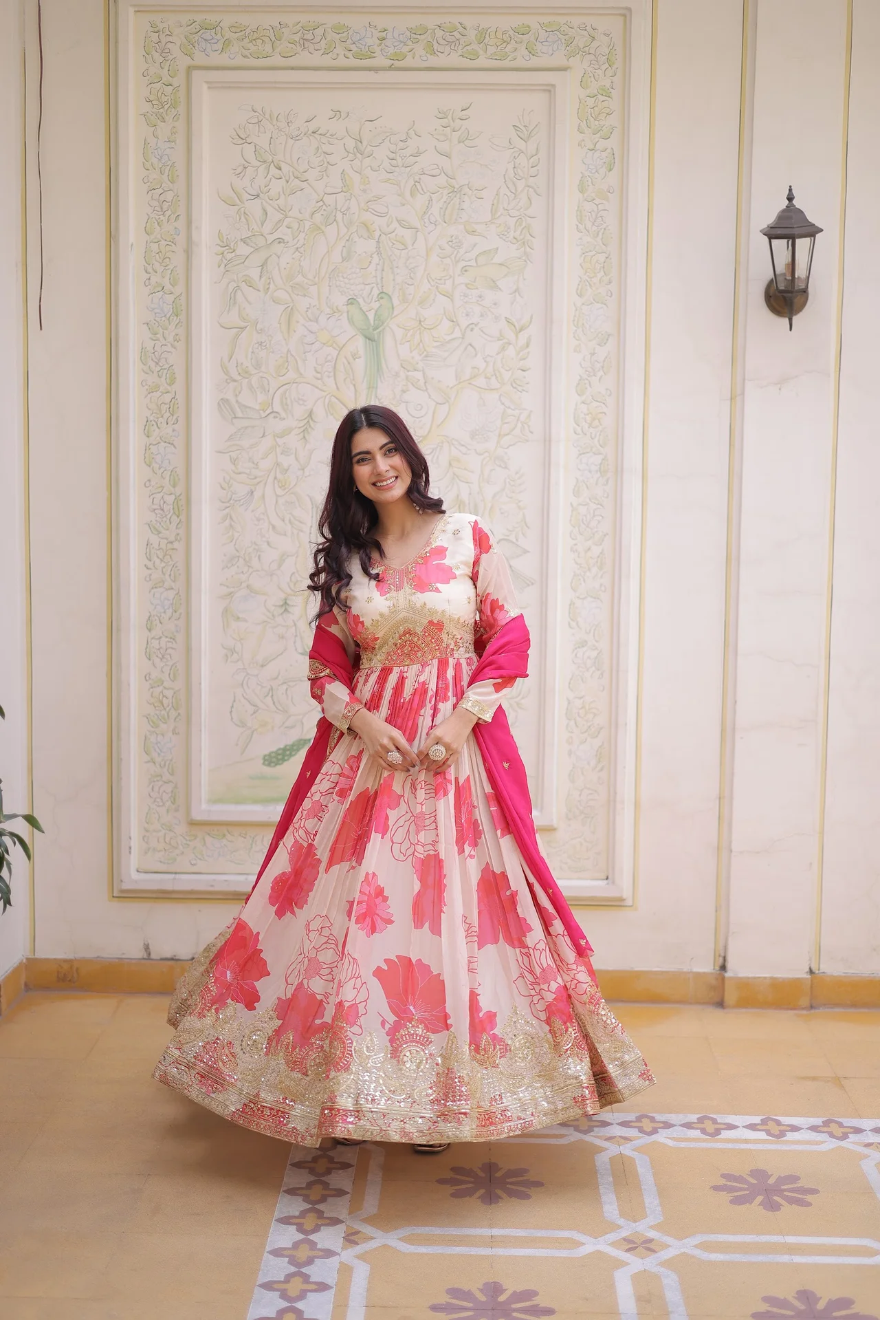 Women's Russian Silk Gown with Dupatta | Digital Print with Zari Sequins Embroidery | 55 Inch Length 3 Mtr Flair | Festive Wear