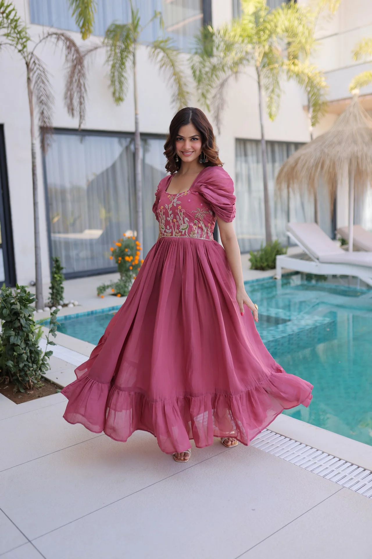 Women's Mal Chanderi Embroidered Gown with Beads Work | Pleated Cap Sleeves | Square Neck | 7 Mtr Flair | Festive Party Wear