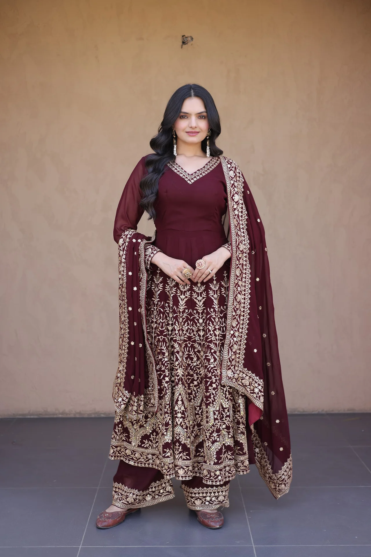 Women's Faux Blooming Embroidered Gown Set with Pant & Dupatta | Multi-Sequins Work | 52 Inch Length | Festive & Party Wear