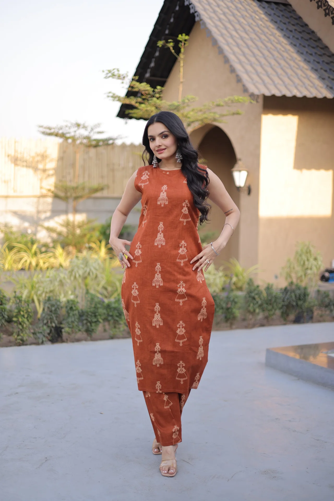 Women's Printed Cotton Kurta Set with Pant | Sleeveless with Extra Sleeves | Straight Cut with Pocket | Casual Wear