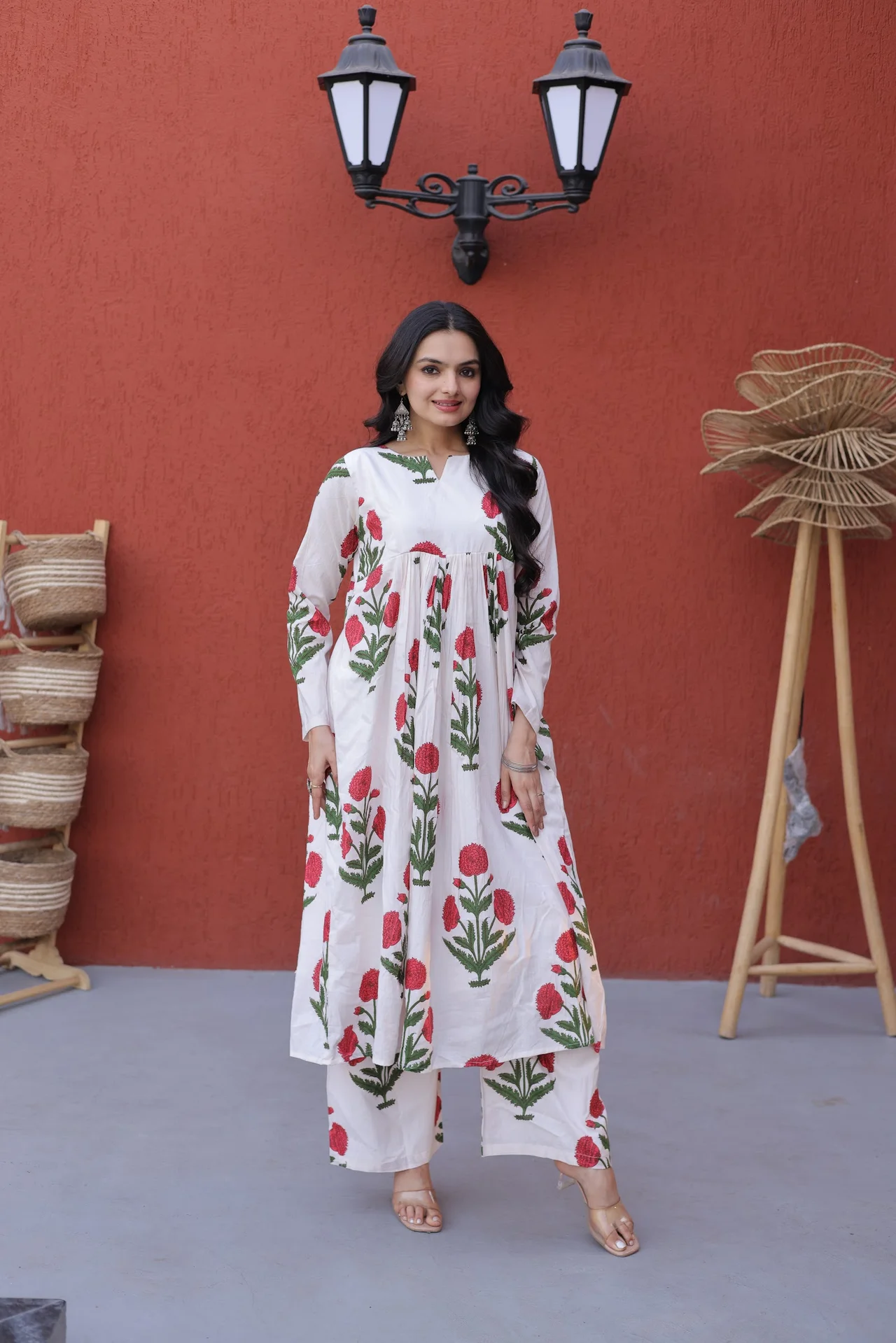 Women's Printed Cotton Kurta Set with Pant in White