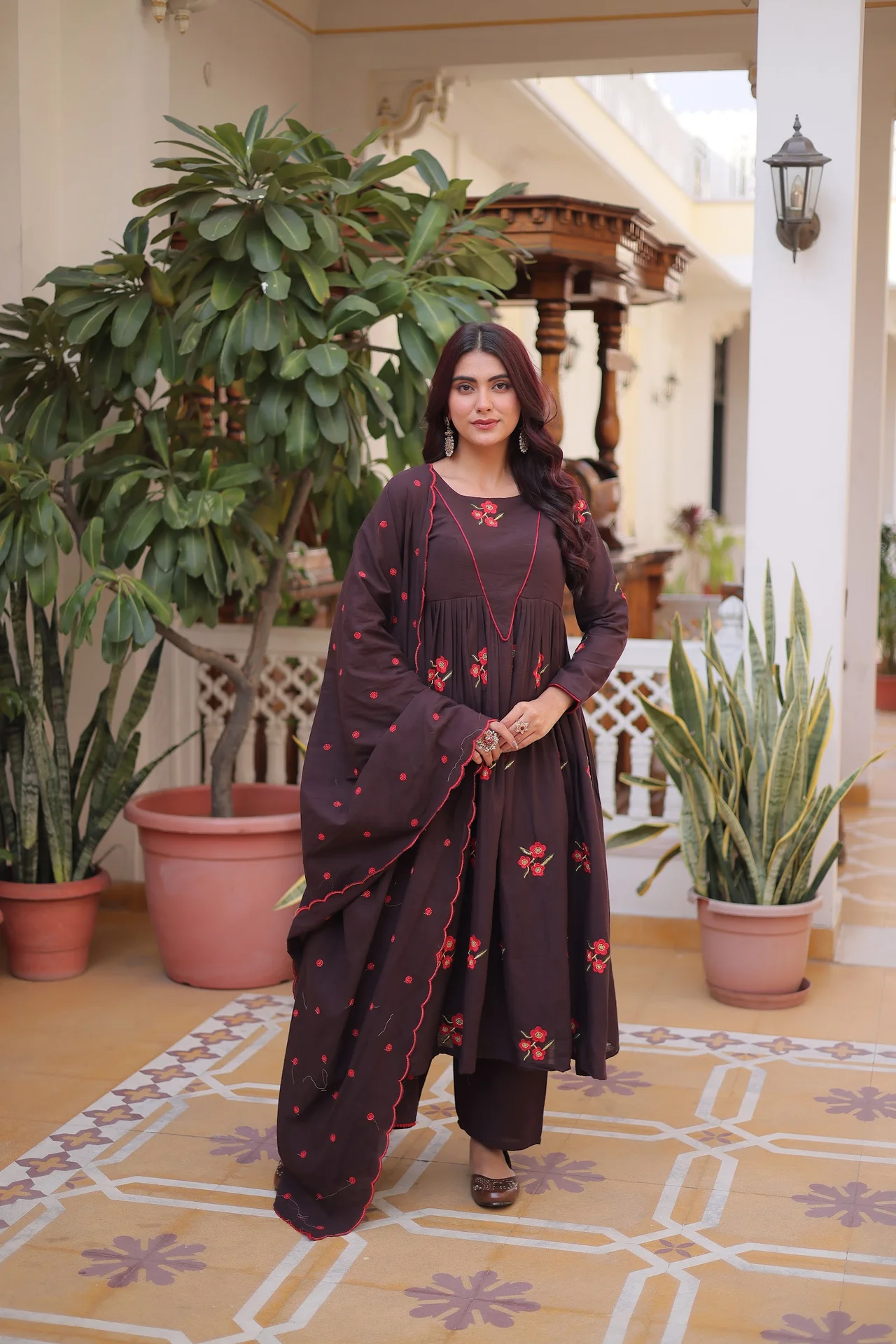 Women's Cotton Embroidered Kurta Set with Pant & Dupatta | Floral Thread Work | Flared Silhouette | Festive & Casual Wear