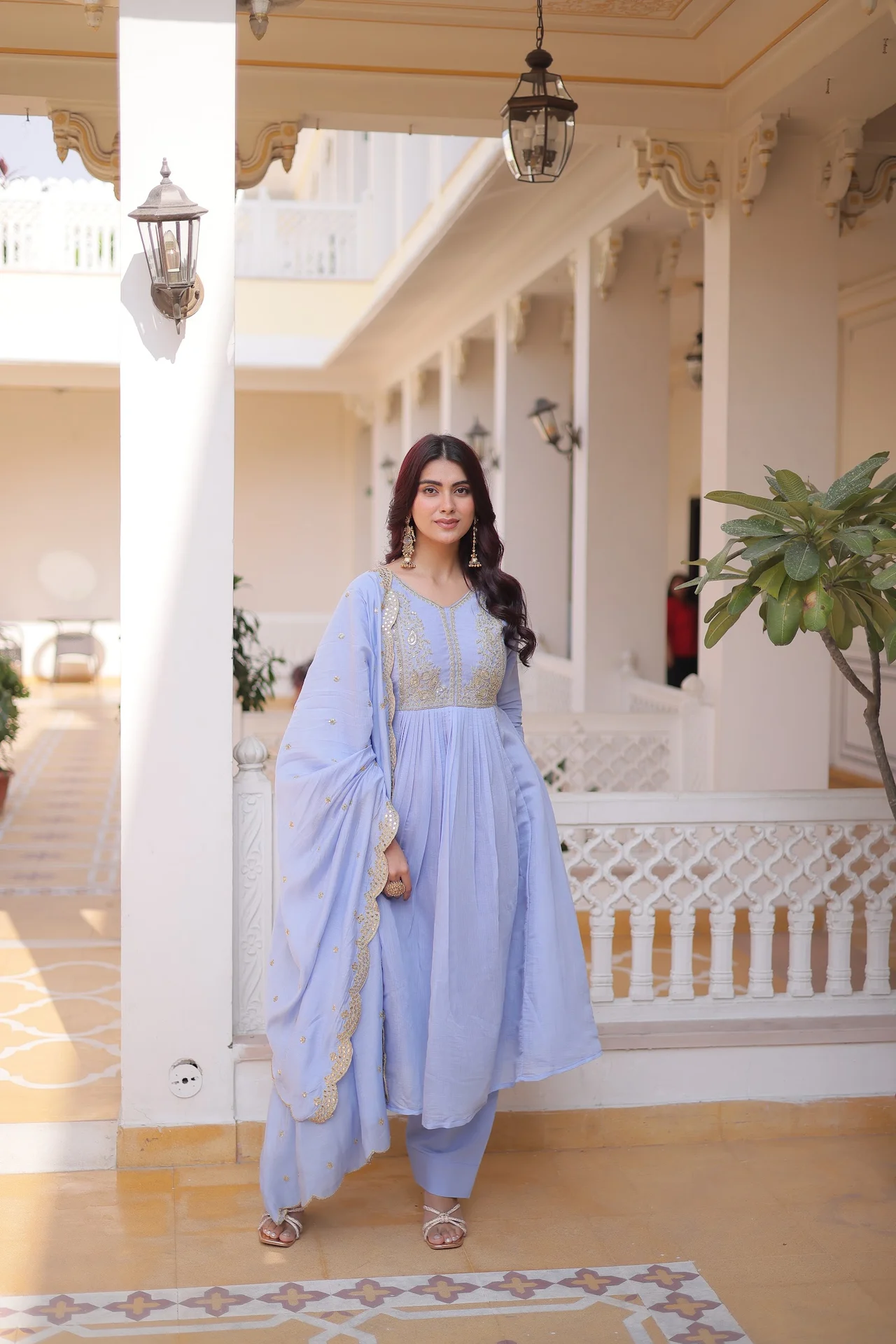 Women's Mal Chanderi Gown Set with Pant & Dupatta in Powder Blue