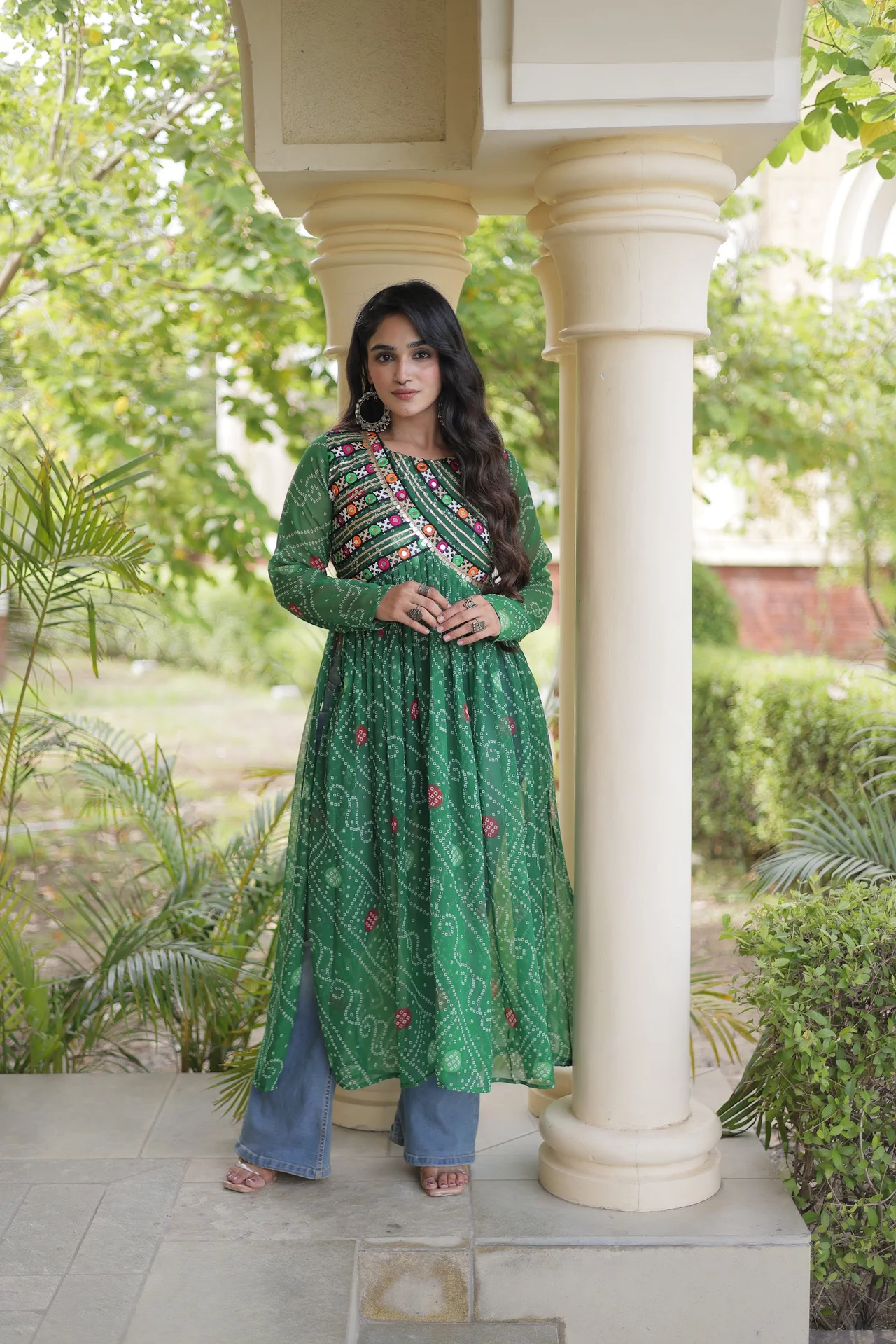 Women's Faux Georgette Bandhani Print Kurti with Kutchi Patchwork in Green