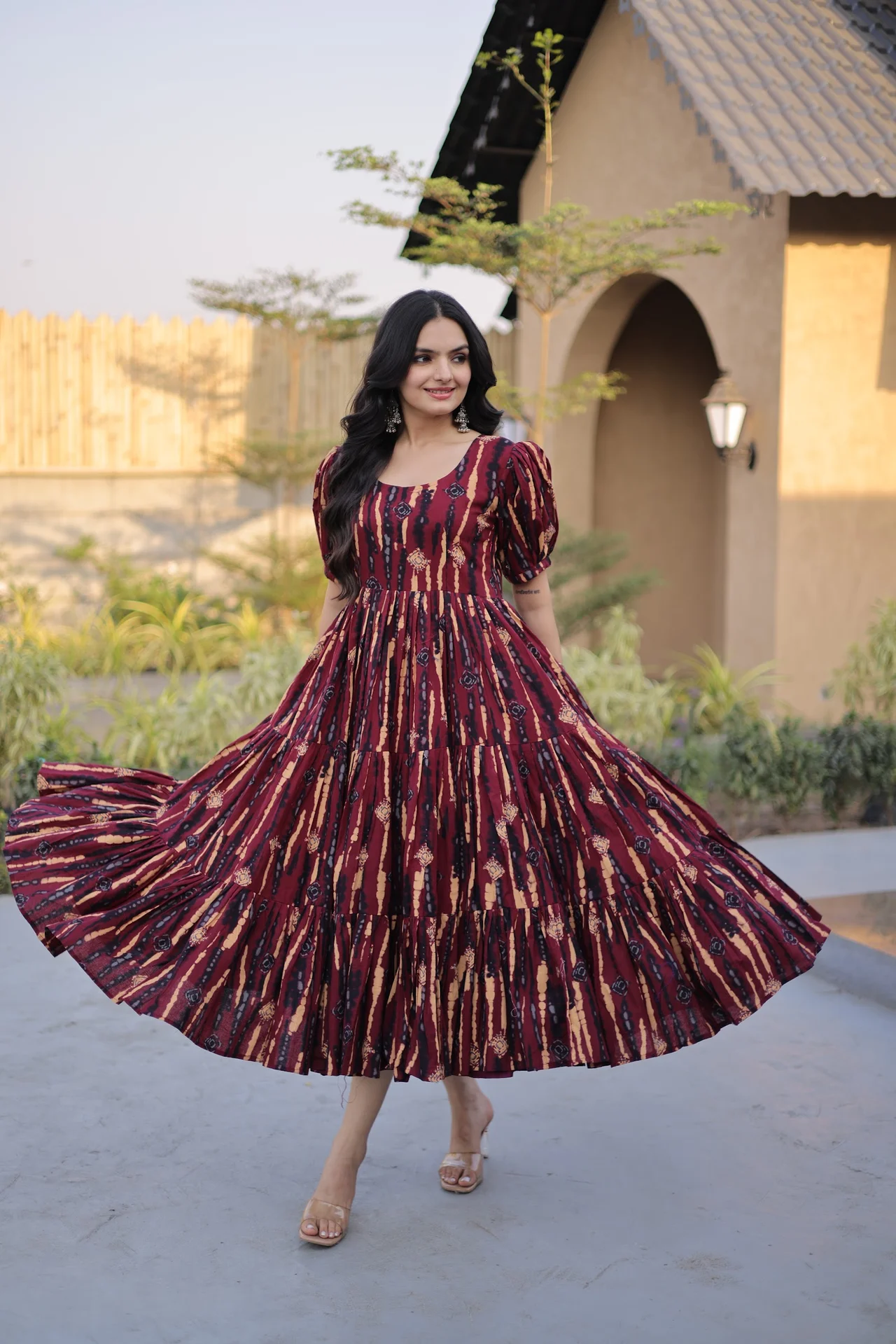 Women's Printed Cotton Kurti | Puff Sleeves | Round Neck | Flared Silhouette with Frill Pattern | 48 Inch Length | Festive Wear