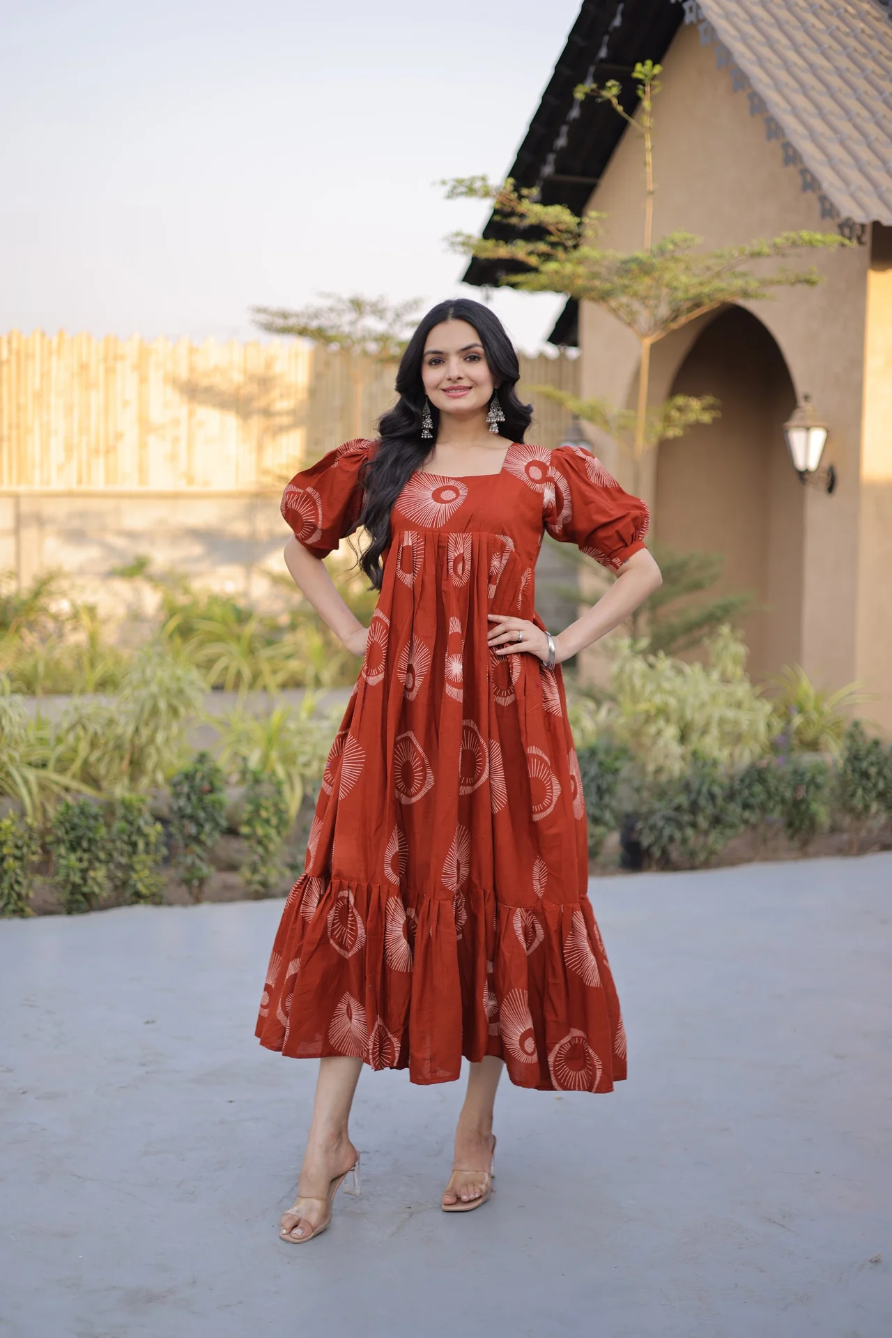 Women's Printed Cotton Kurti | Readymade Flared Silhouette | Puff Sleeves | Square Neck | 50 Inch Length | Casual and Festive Wear