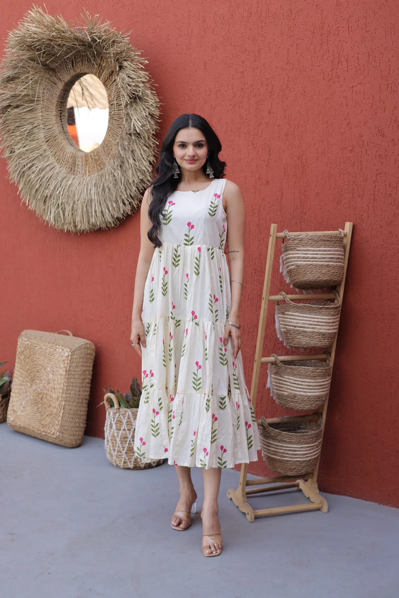 Women's Printed Cotton Kurti | Sleeveless with Extra Sleeves | Floral Print | Tiered Frill Pattern | 48 Inch Length | Casual Wear