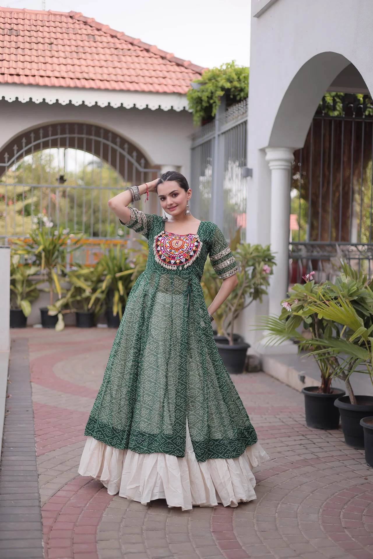 Women's Kora Cotton Lehenga Choli with Faux Georgette Kurti in Mehendi Green