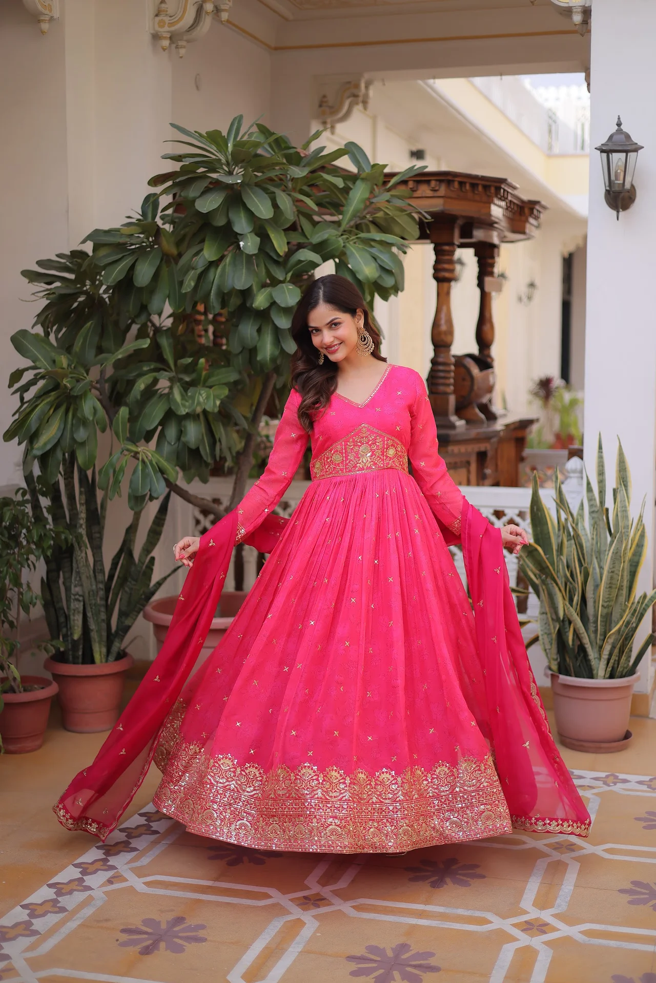 Women's Russian Silk Anarkali Gown with Dupatta in Rani Pink