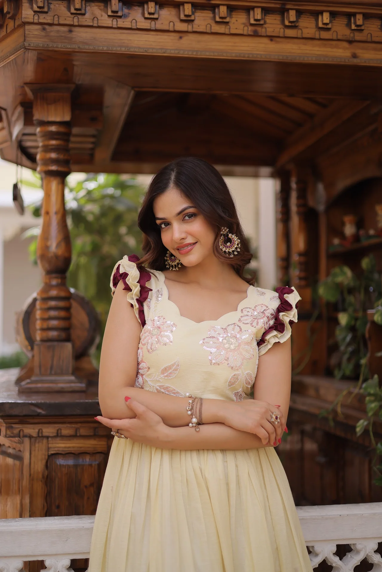 Women's Cotton Embroidered Gown with Sequins Beads Thread Work in Cream