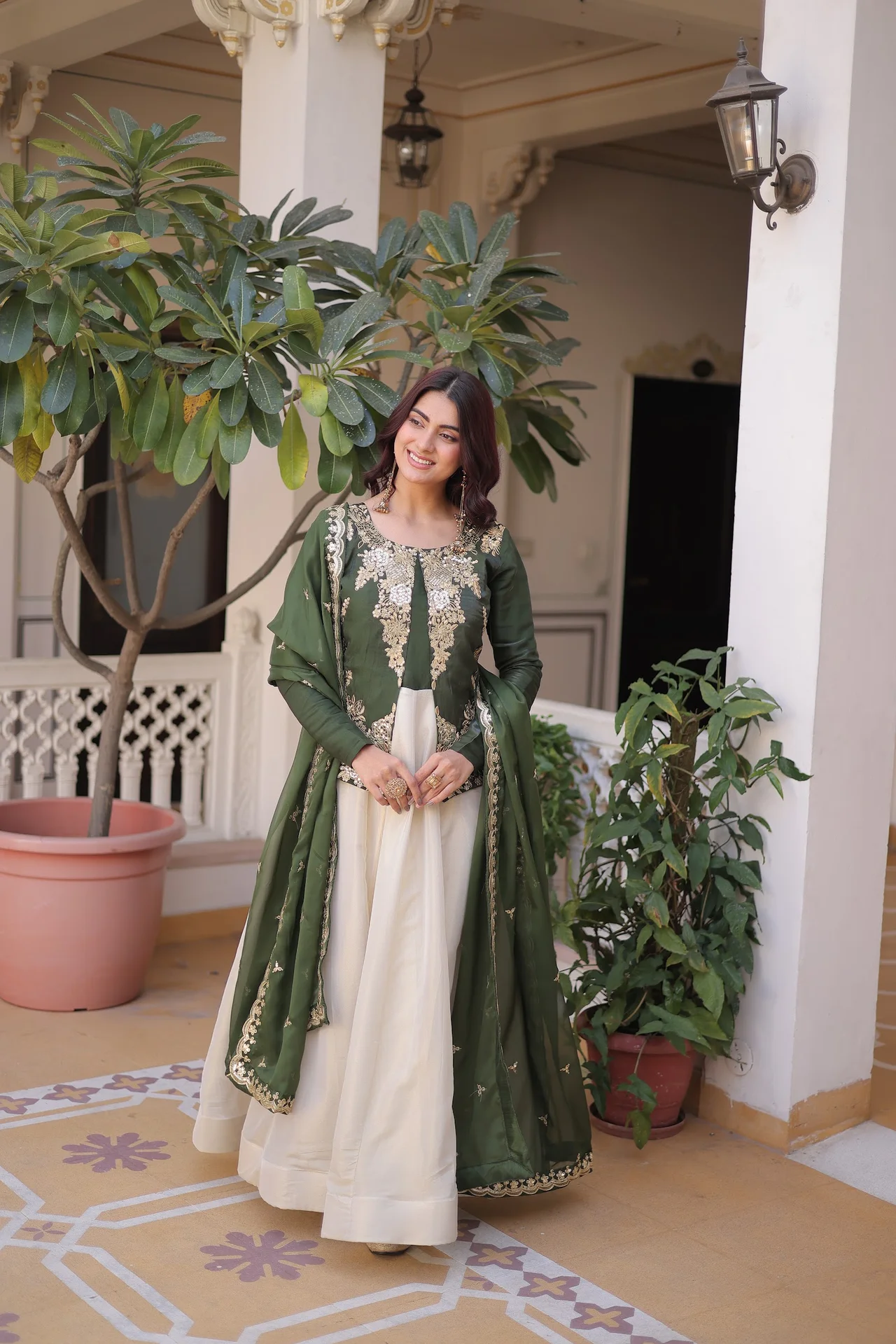 Women's Glass Roman Sequins Embroidered Gown with Dupatta in Bottle Green