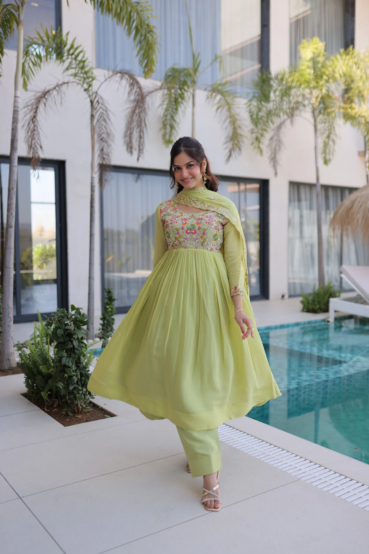 Women's Mal Chanderi Anarkali Gown Set with Pant & Dupatta in Pista Green
