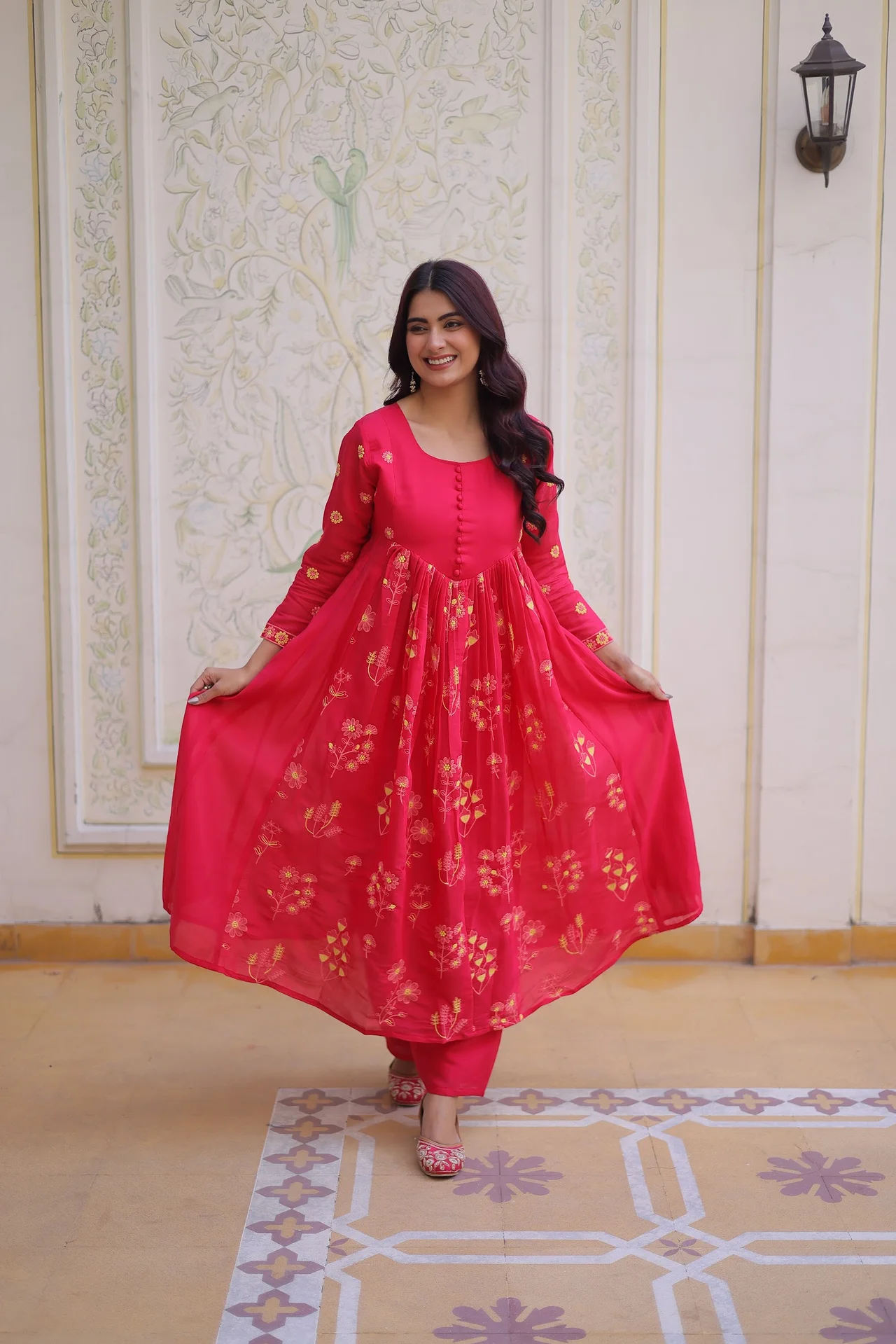 Women's Mal Chanderi Kurta Set with Pant in Rani Pink