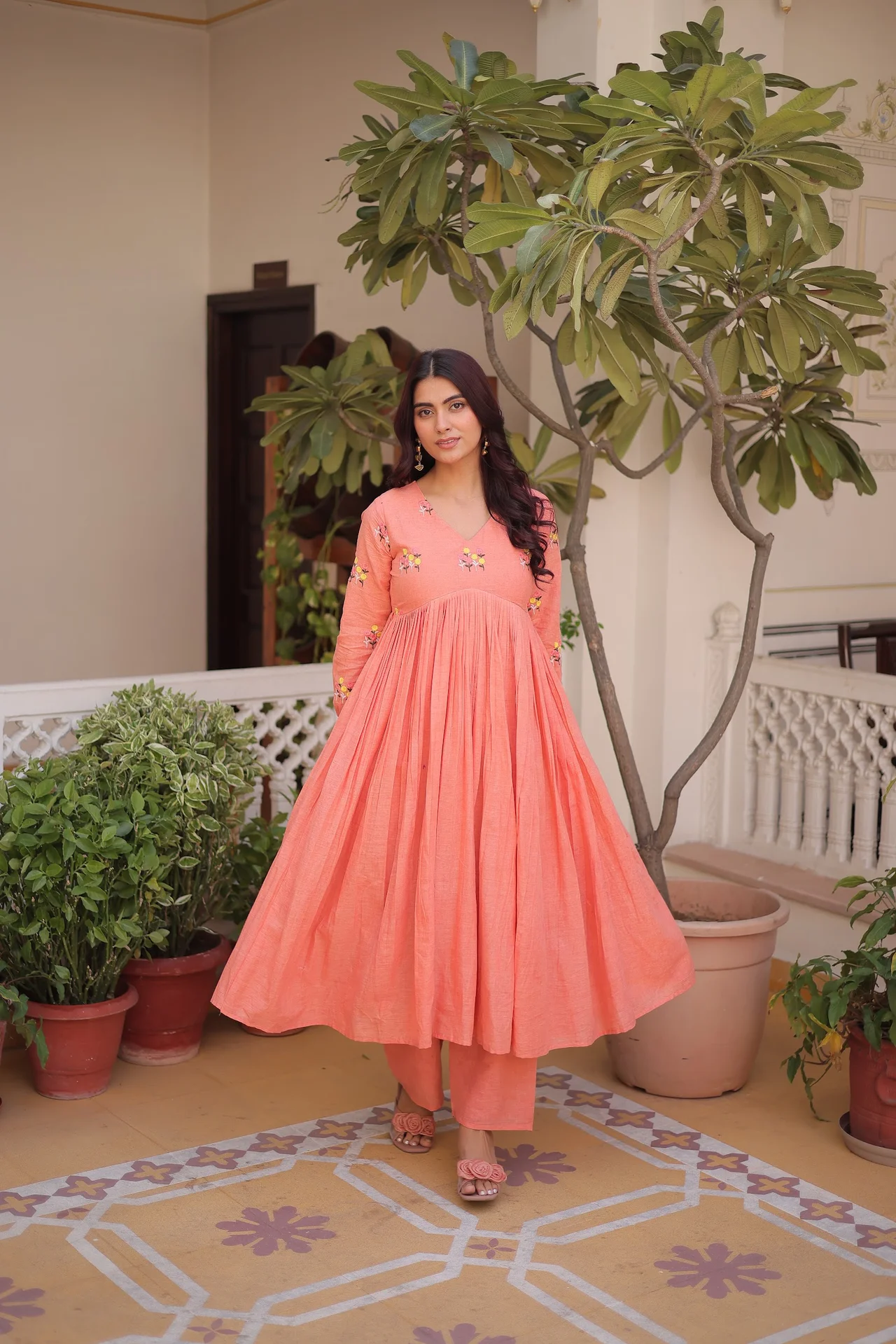Women's Cotton Embroidered Kurta Set with Pant in Peach