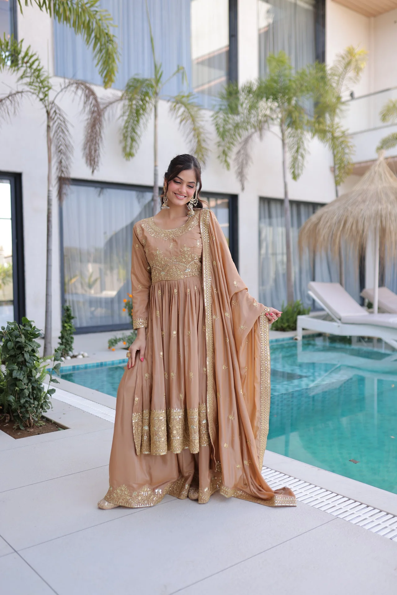 Women's Super Silk Sharara Set with Embroidered Kurta, Sharara & Dupatta in Beige