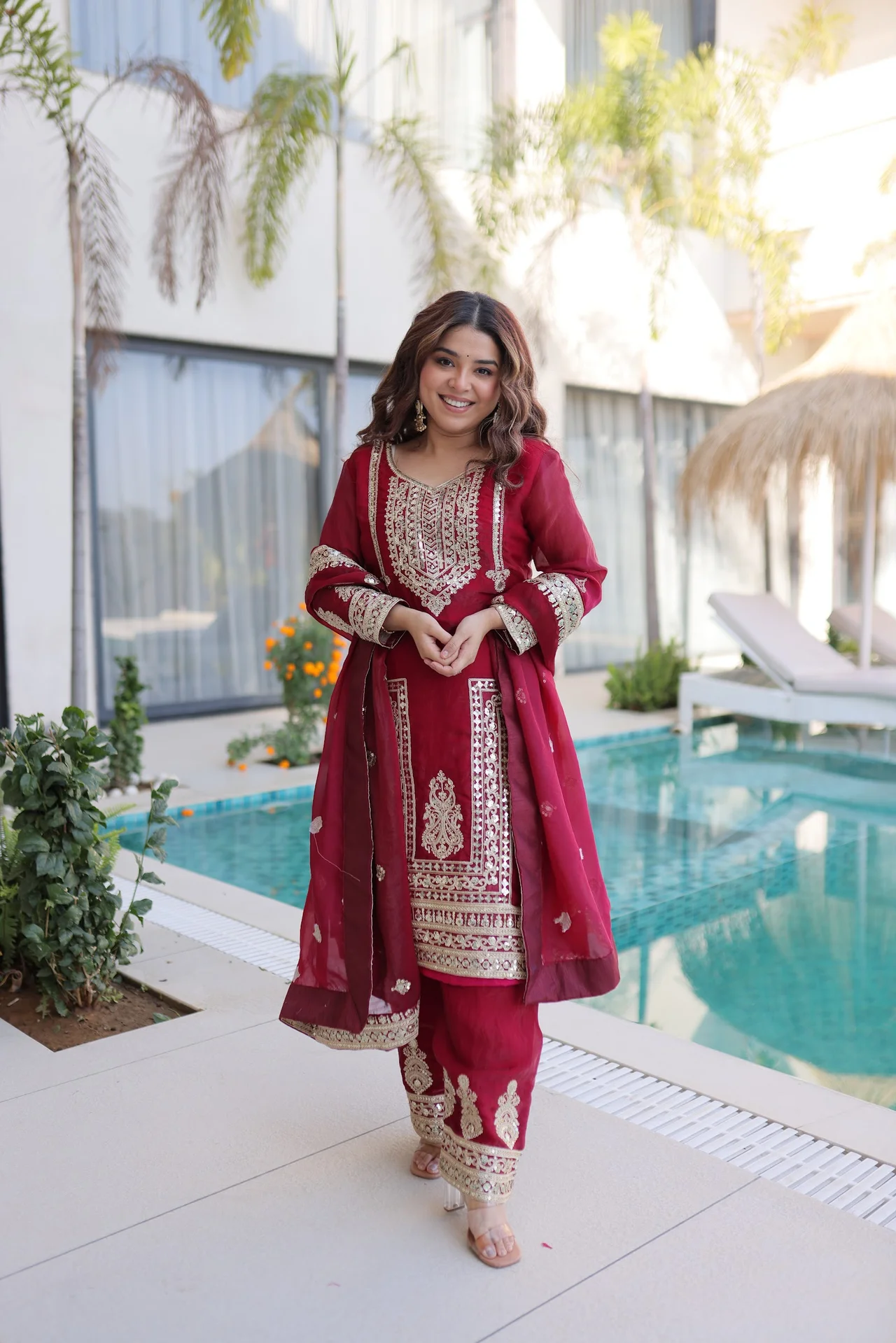 Women's Fendi Silk Embroidered Kurta Set with Pant & Dupatta in Maroon