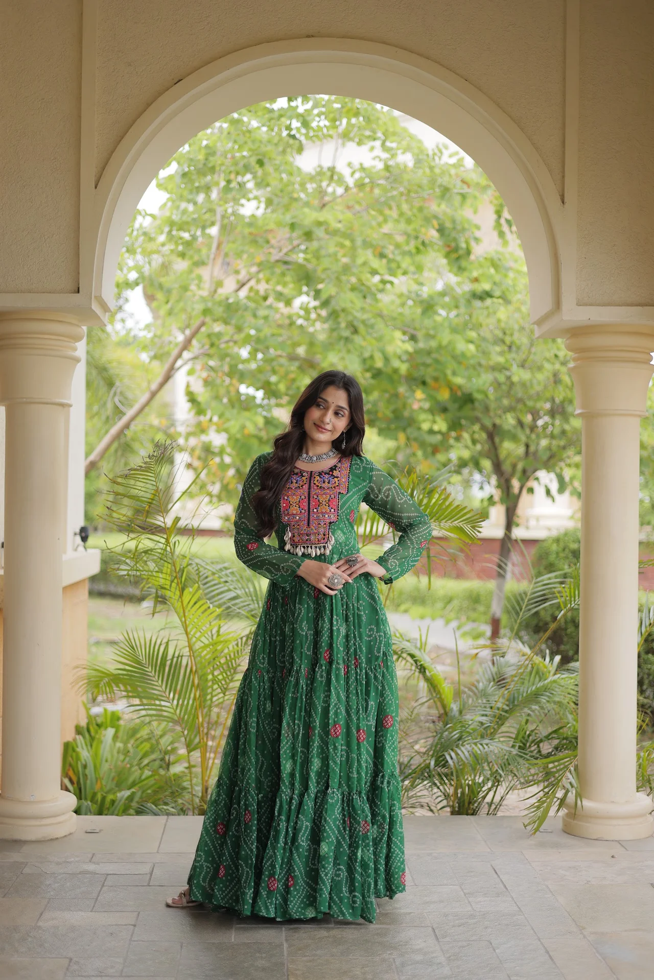 Women's Faux Georgette Bandhani Print Gown with Kutchi Patchwork in Green