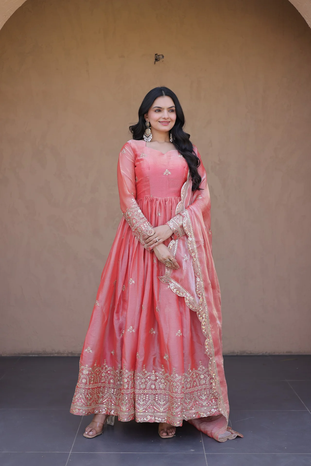 Women's Fendi Silk Gown with Dupatta in Peach