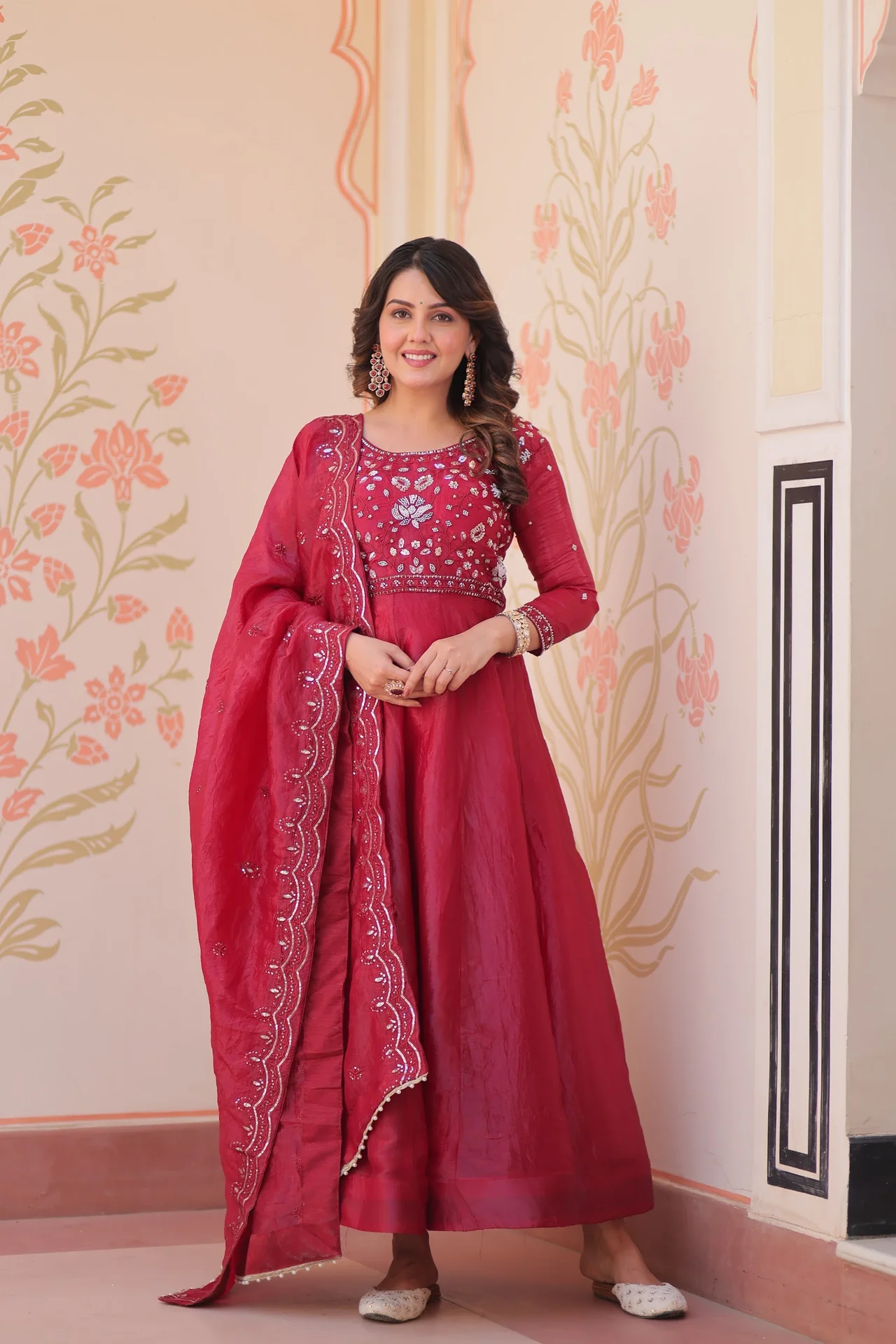 Women's Crush Fabric Anarkali Gown with Dupatta in Maroon