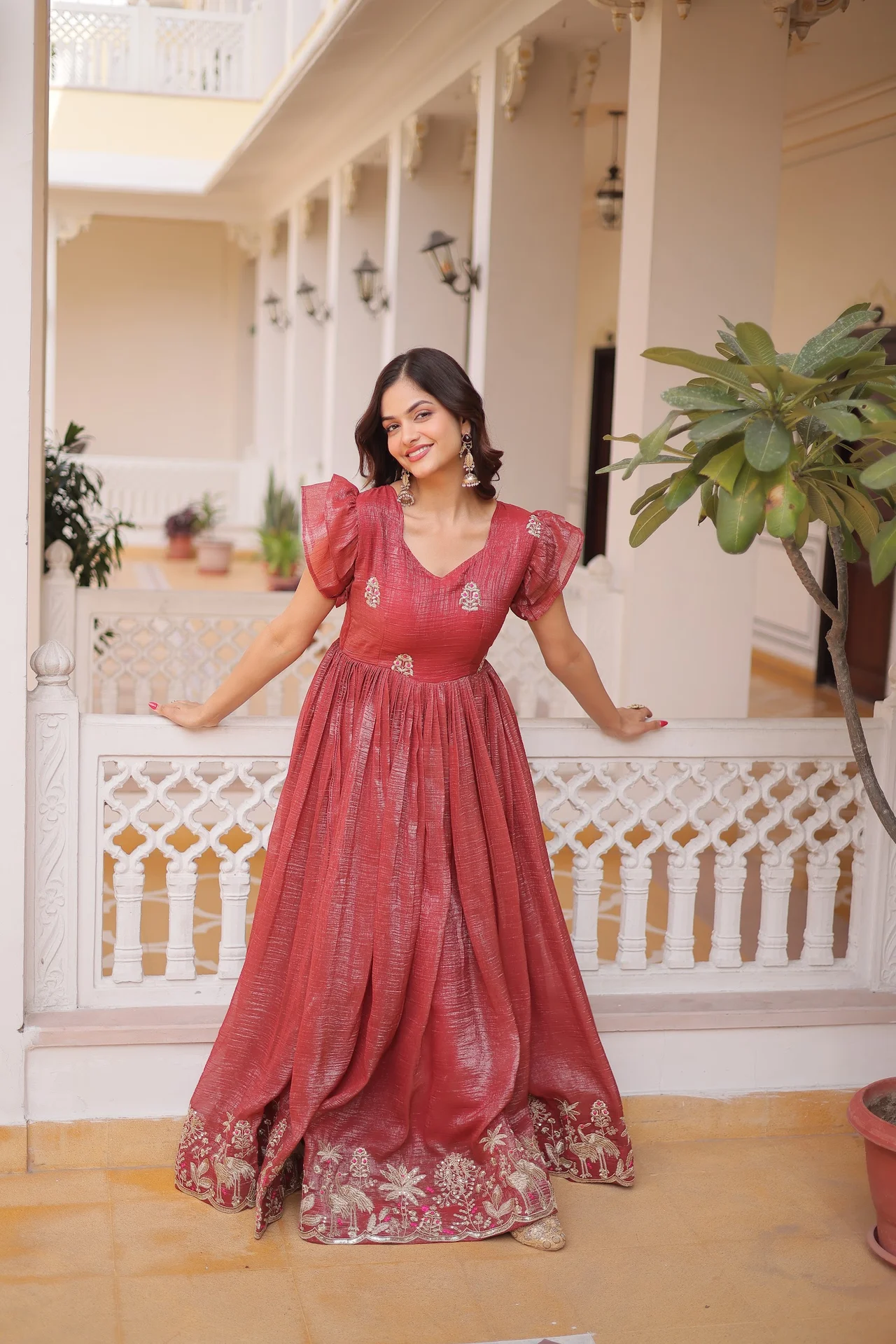 Women's Crunchy Fabric Embroidered Gown with Cotton Lining | Shoulder Frill Sleeves | 3 Mtr Flair | Festive & Party Wear