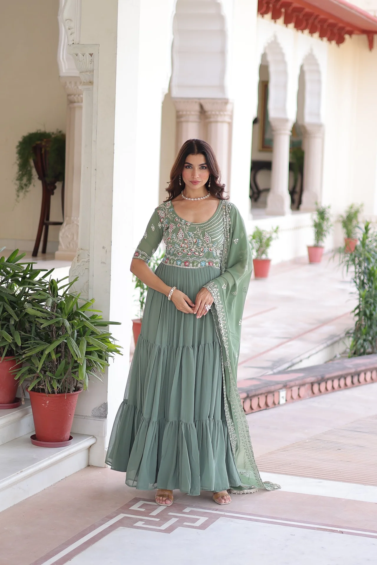 Women's Faux Georgette Embroidered Gown with Dupatta | Sequins Beads Thread Work | 56 Inch Length 12 Mtr Flair | Festive Party Wear