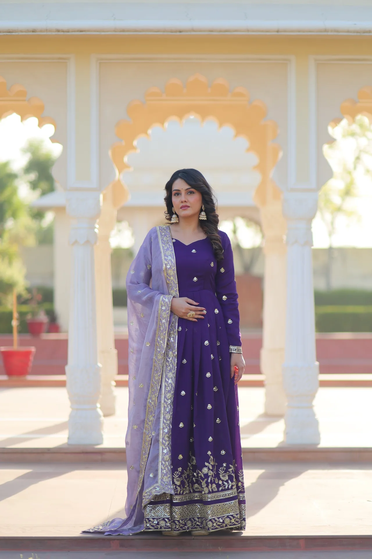 Women's Star Georgette Gown with Dupatta in Purple