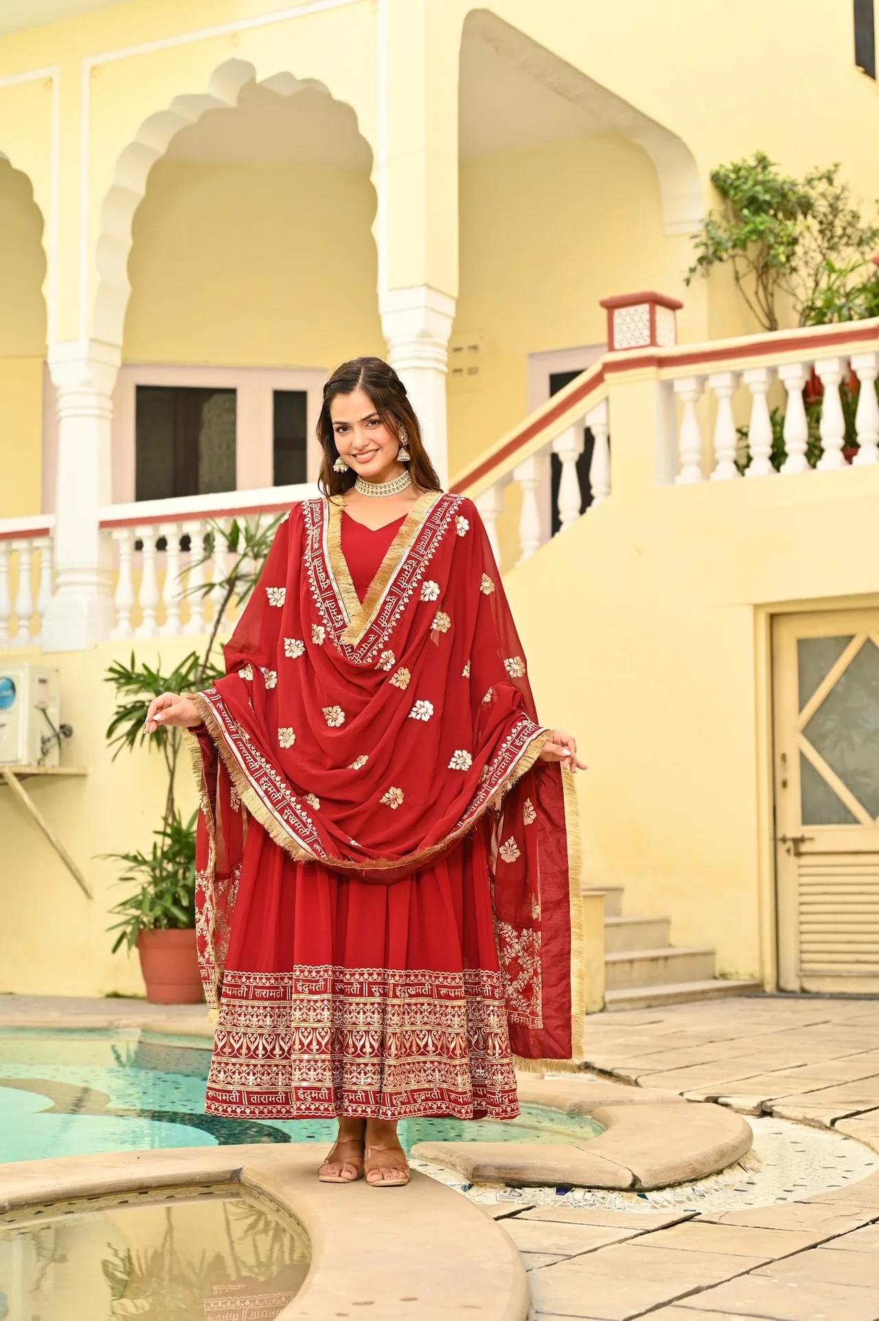 Women's Faux Blooming Embroidered Gown with Dupatta | Zari Sequins Work | 56 Inch Length 3 Mtr Flair | Festive Wedding Wear