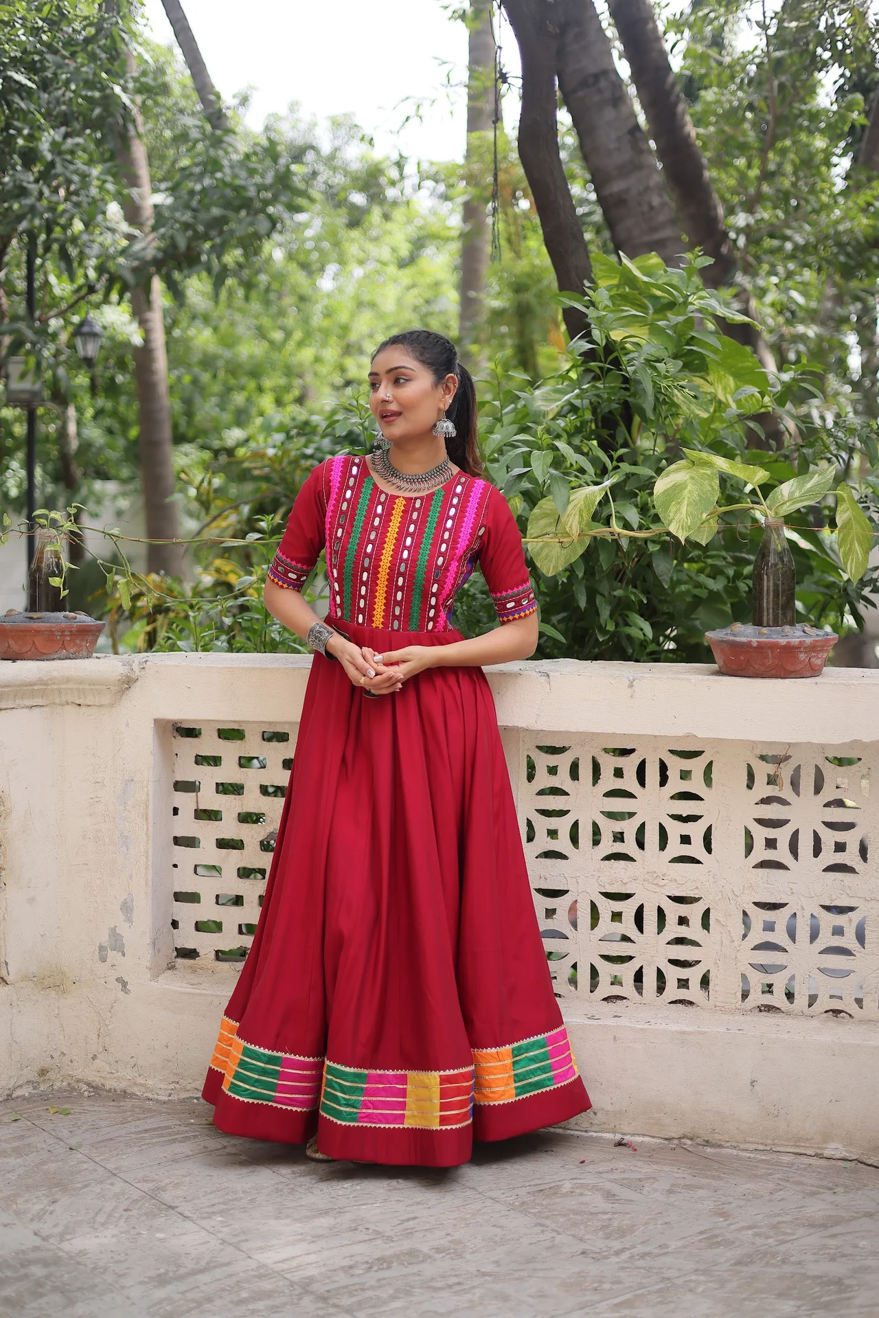 Women's Roman Fabric Gown with Mirror and Thread Work | Half Sleeves | 4 Meter Flared Silhouette | Navratri and Festive Wear