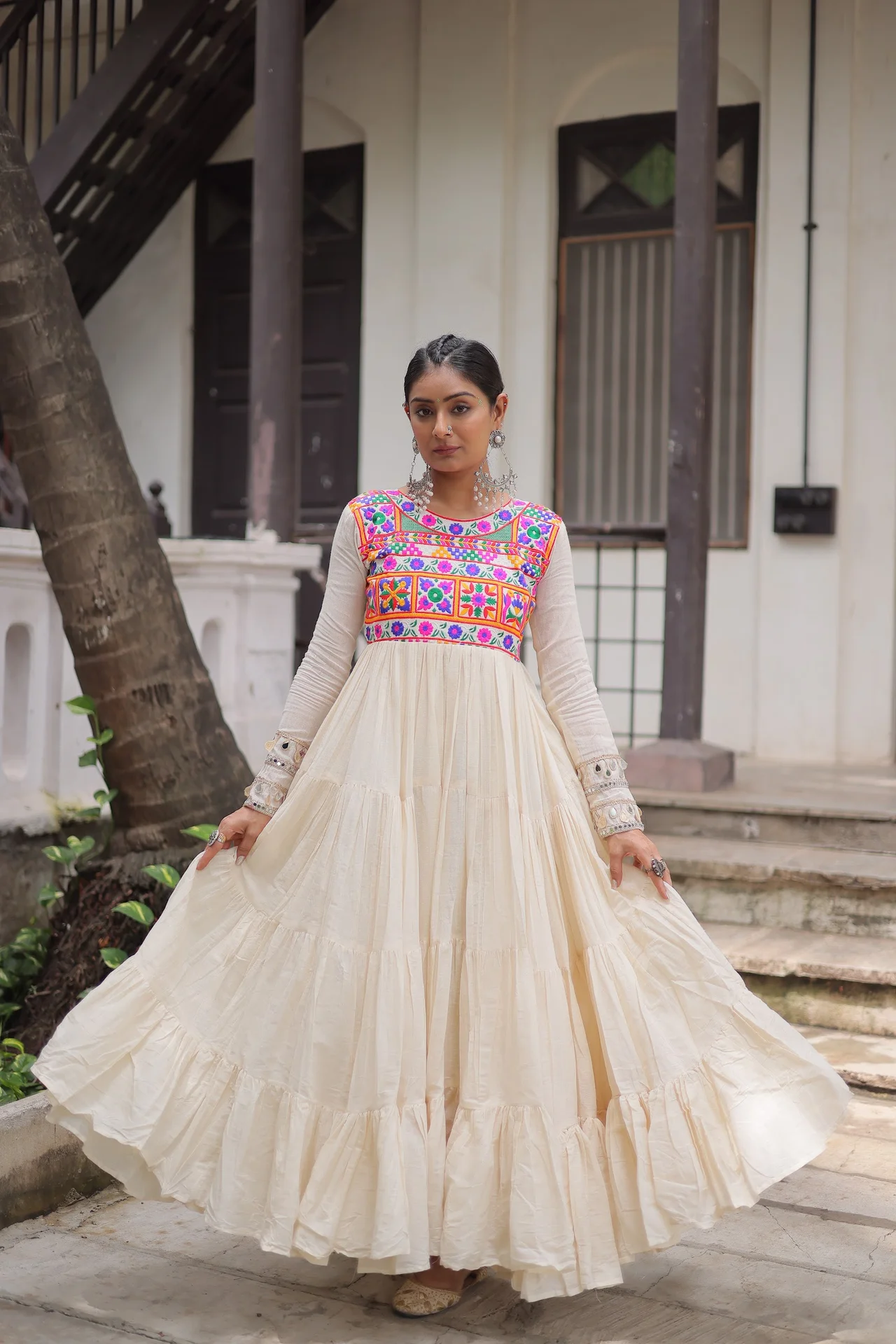 Women's Kora Cotton Gown with Full Sleeves | Multi Thread Embroidered Gamthi Work | 56 Inch Length | Navratri Festive Wear