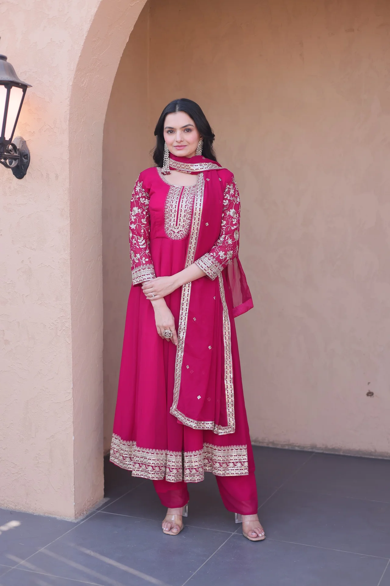Women's Faux Blooming Anarkali Gown Set with Pant & Dupatta in Rani Pink