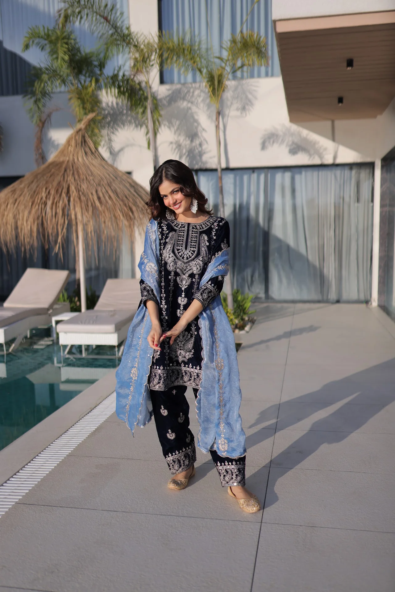 Women's Velvet Kurta Set with Pant and Dupatta | Zari Embroidered Work | Full Sleeves | Festive and Party Wear