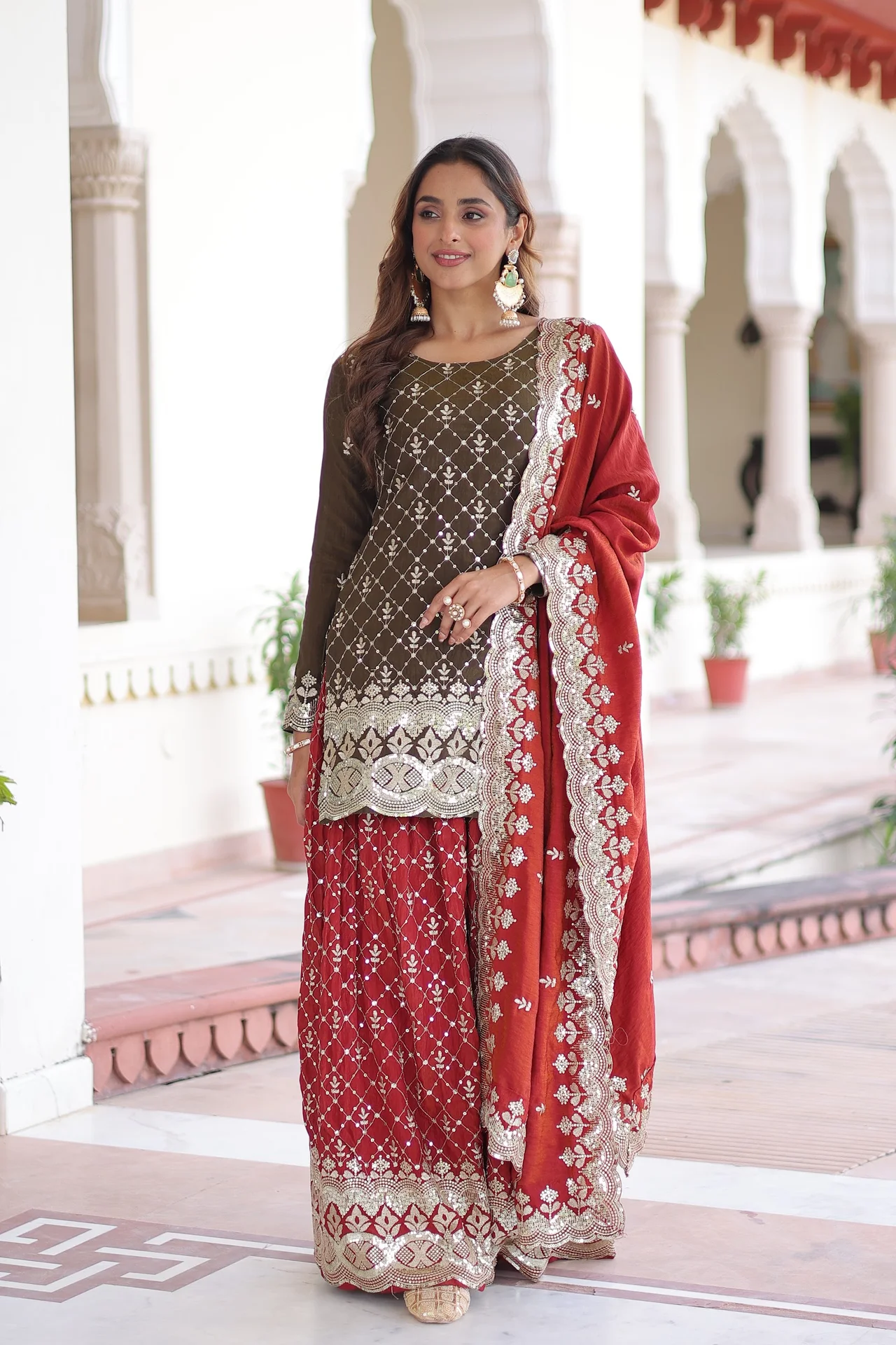 Women's Vichitra Silk Sharara Set with Top, Sharara & Dupatta in Maroon