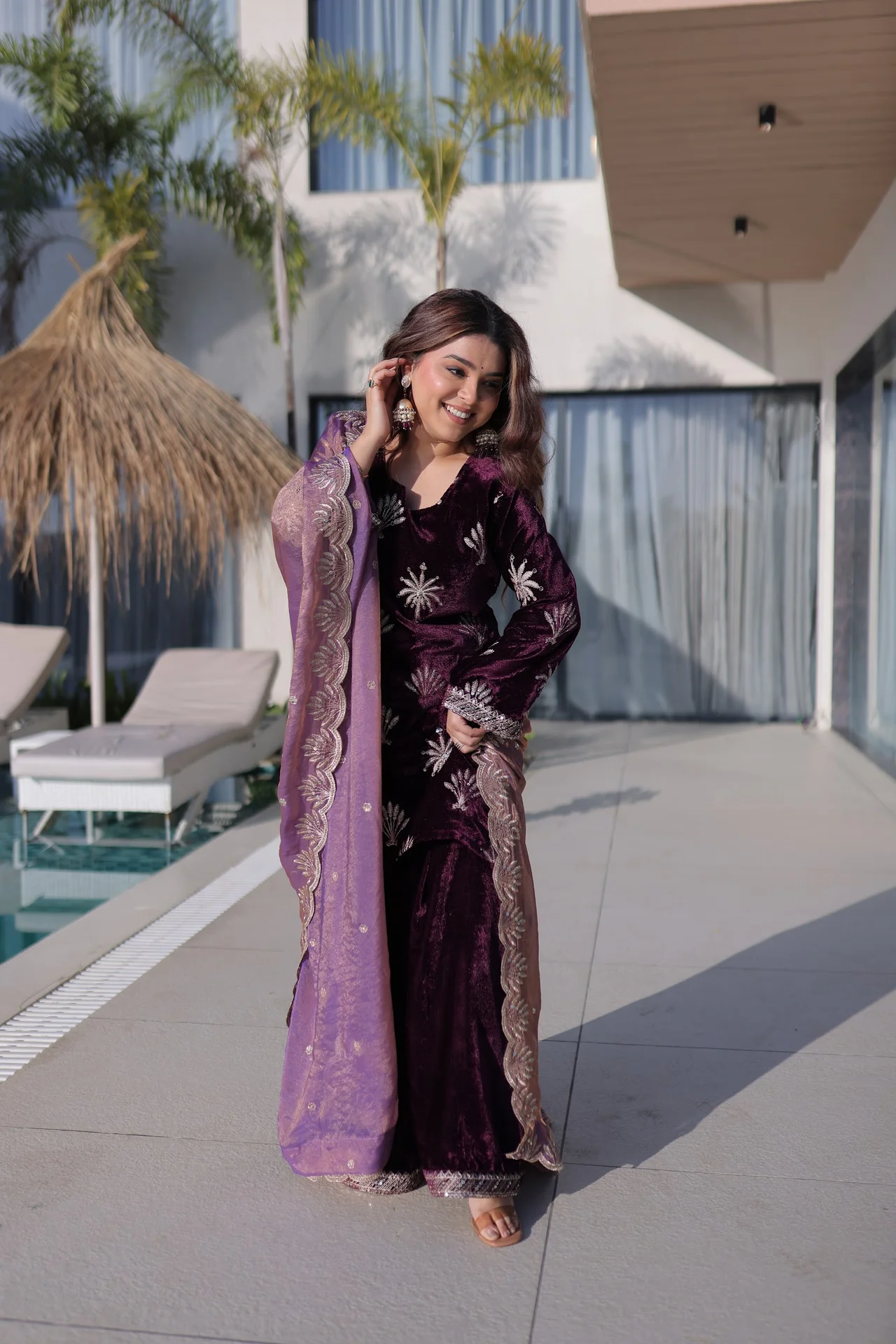Women's Ice Velvet Kurta Set with Palazzo and Dupatta | Zari Embroidered Top | Full Sleeves | Festive and Party Wear