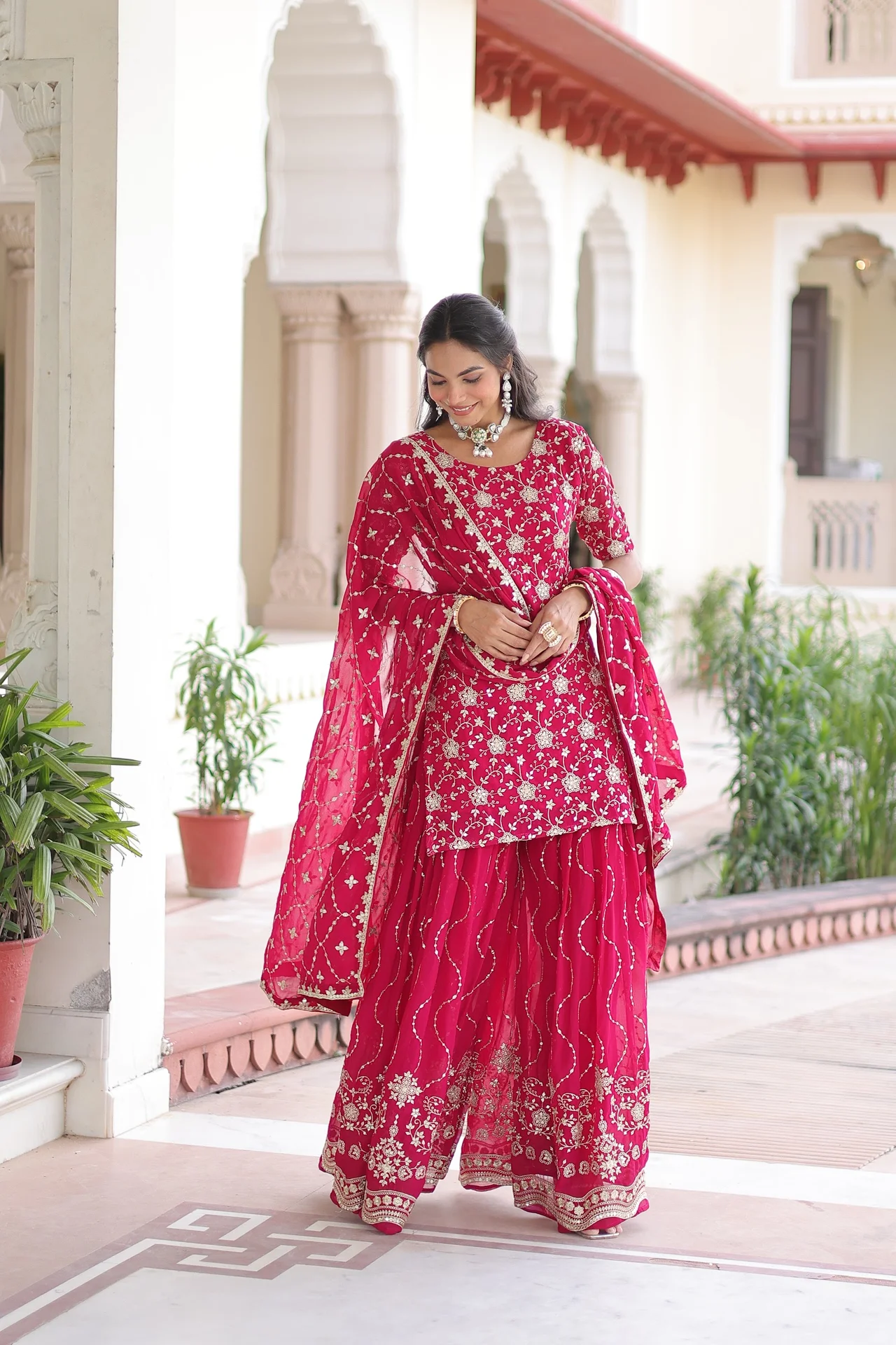 Women's Faux Georgette Sharara Set with Kurti, Sharara & Dupatta | Sequins Embroidered Work | Half Sleeves | Festive Wear