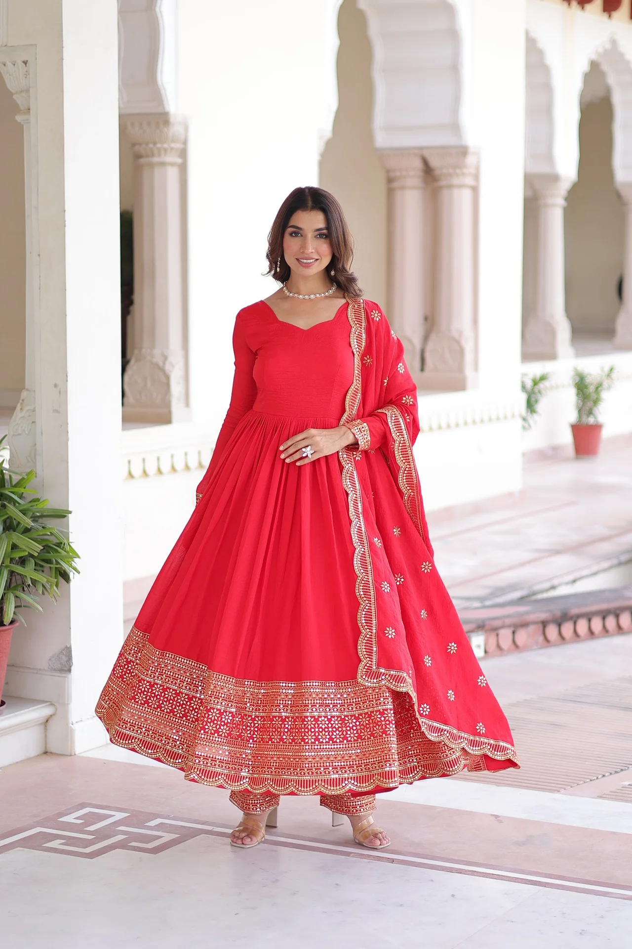 Women's Vichitra Silk Anarkali Gown Set with Pant & Dupatta | Sequins Embroidered Work | 3 Mtr Flair | Festive Wear