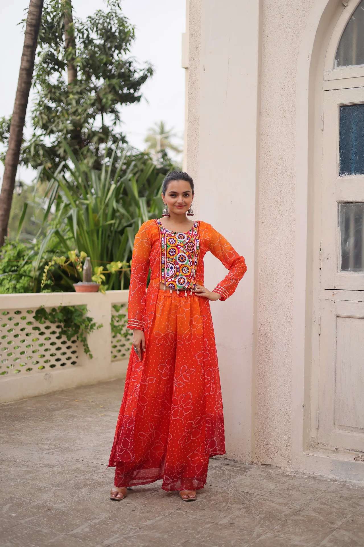 Women's Bandhani Print Kurta Set with Kutchi Gamthi Patchwork | Full Sleeves | Elastic Waist Palazzo | Navratri Garba Festive Wear