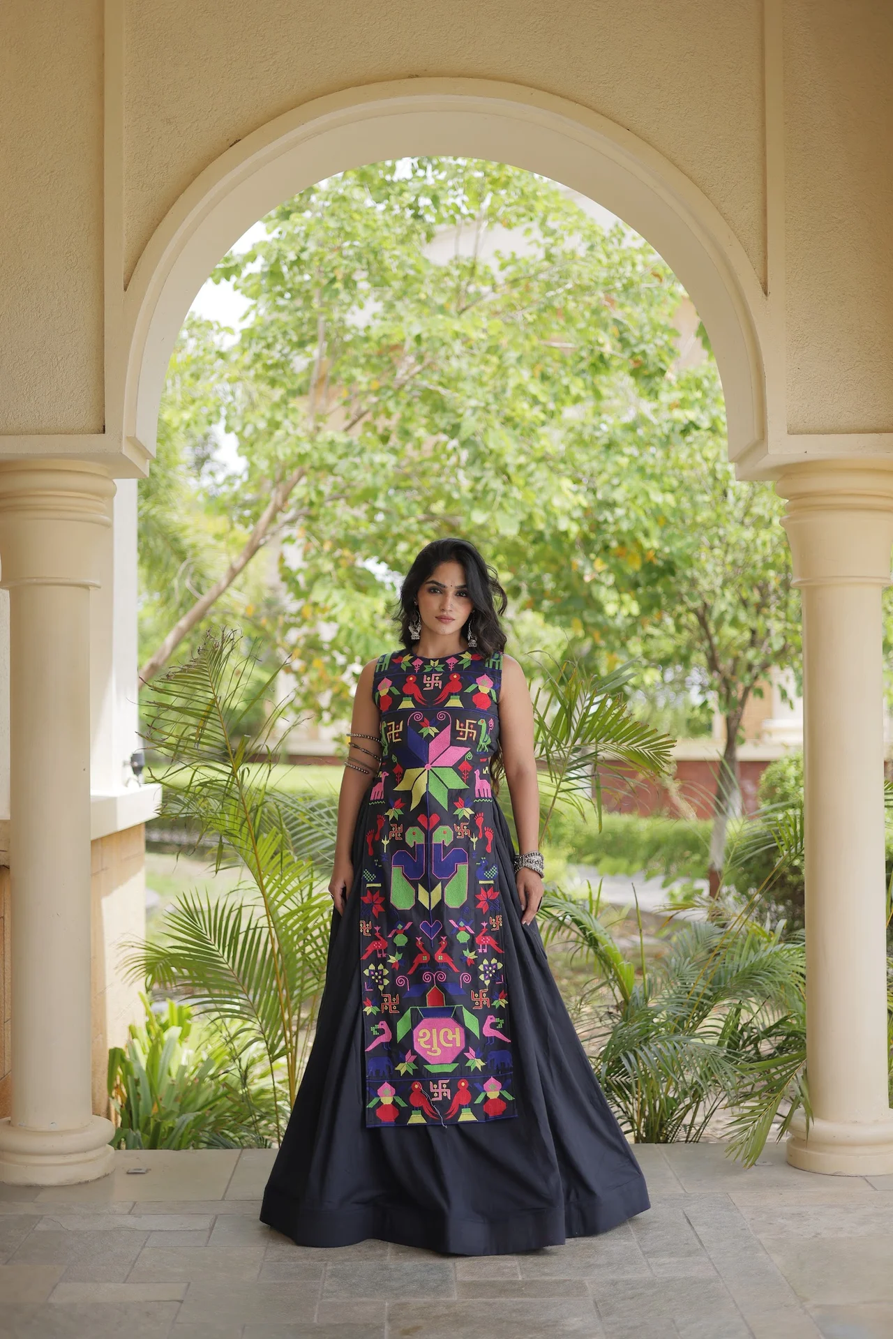 Women's Cotton Lehenga Choli with Long Embroidered Choli | Gamthi Thread Work | 6 Mtr Flair | Navratri Garba Festive Wear