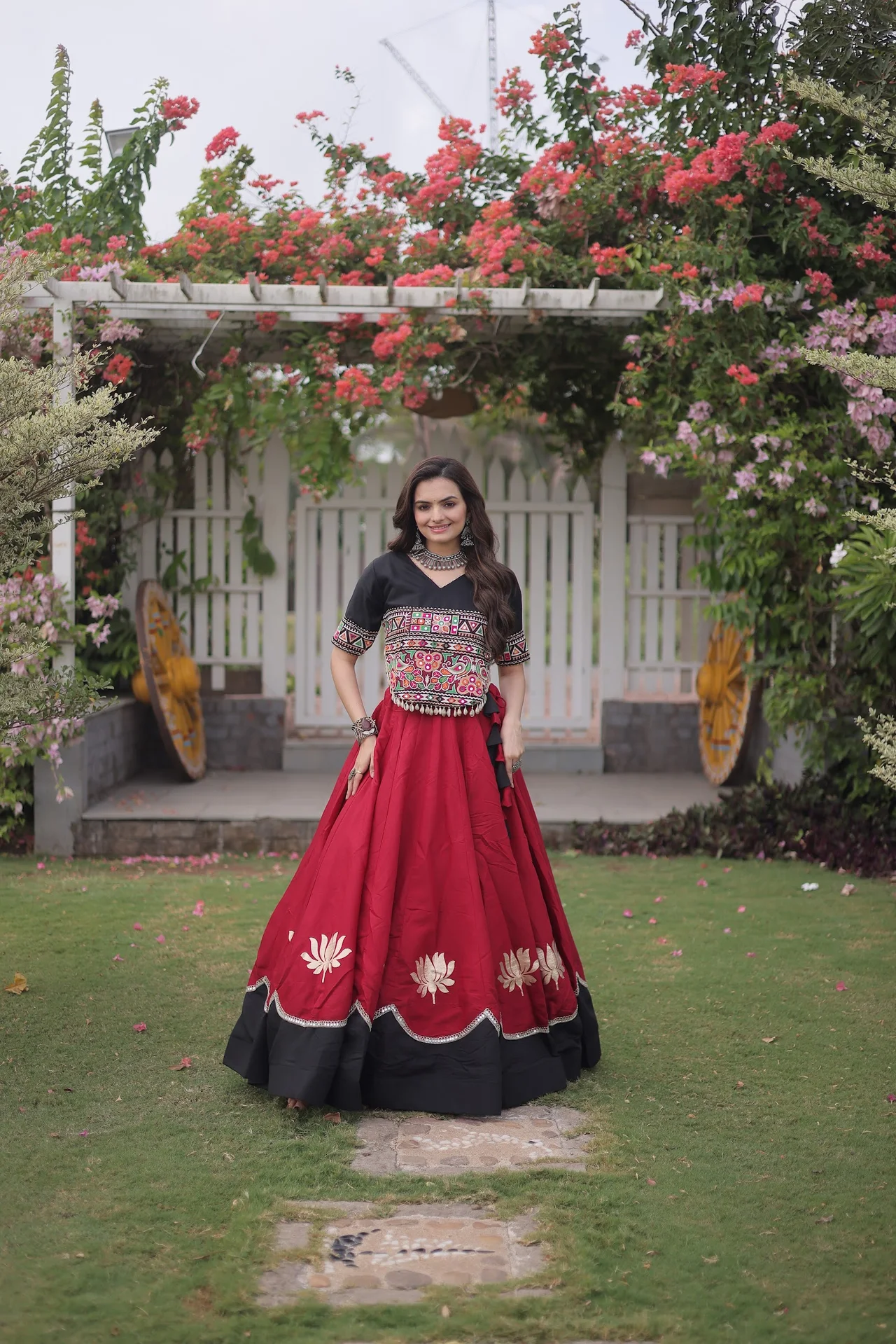 Women's Roman Fabric Navratri Lehenga Choli with Stitched Top | Kutchi Gamthi Embroidery & Mirror Work | 6 Mtr Flair | Festive Garba Wear