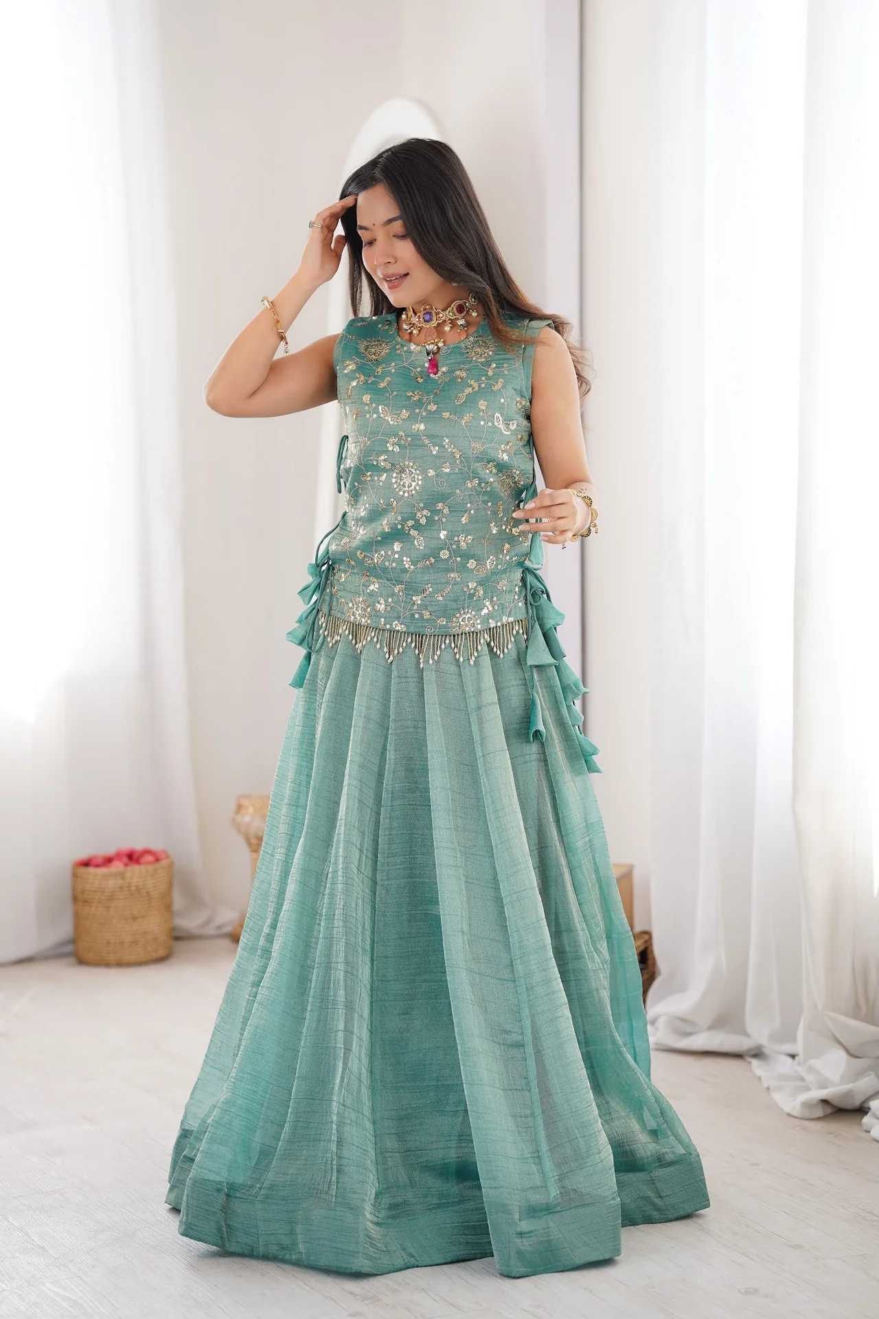 Women's Salsa Crush Lehenga Choli with Embroidered Koti | Zari Sequins Pearl Work | 14 Kali Flared | Festive Party Wear
