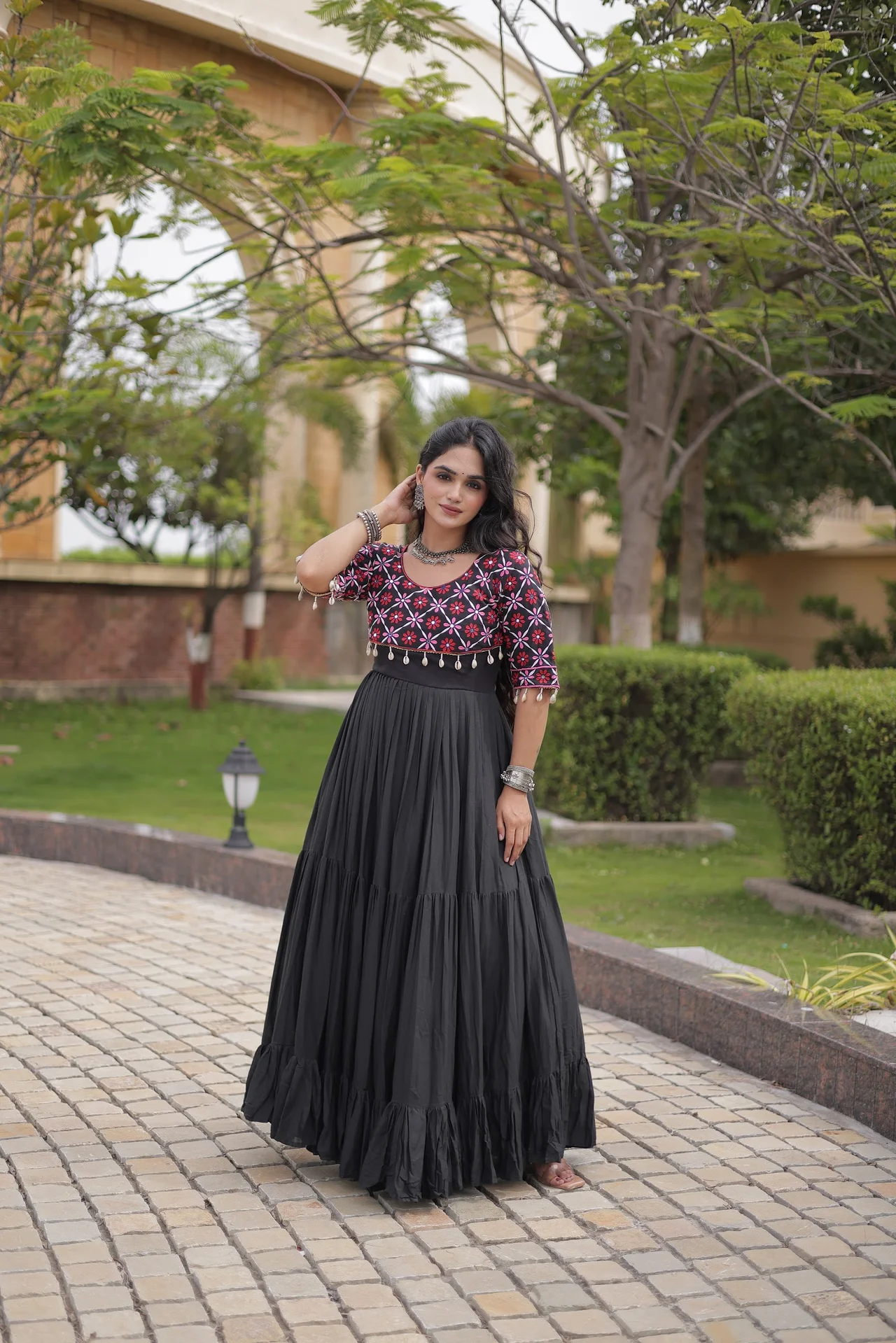 Women's Kora Cotton Embroidered Gown in Black
