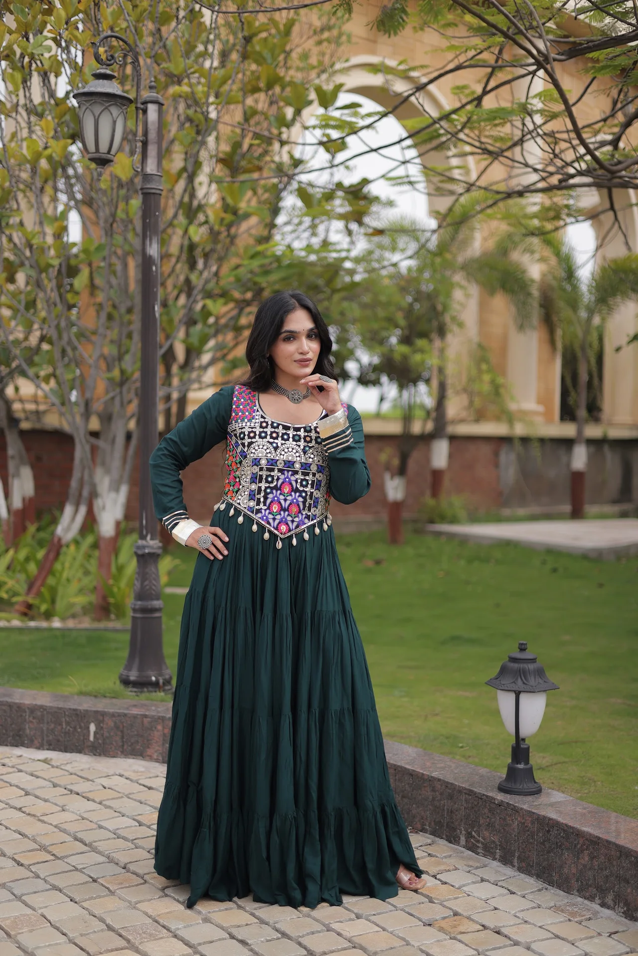 Women's Rayon Flared Gown with Embroidered Blouse | Gota Patti & Mirror Work | 12 Mtr Flair | Navratri & Festive Wear