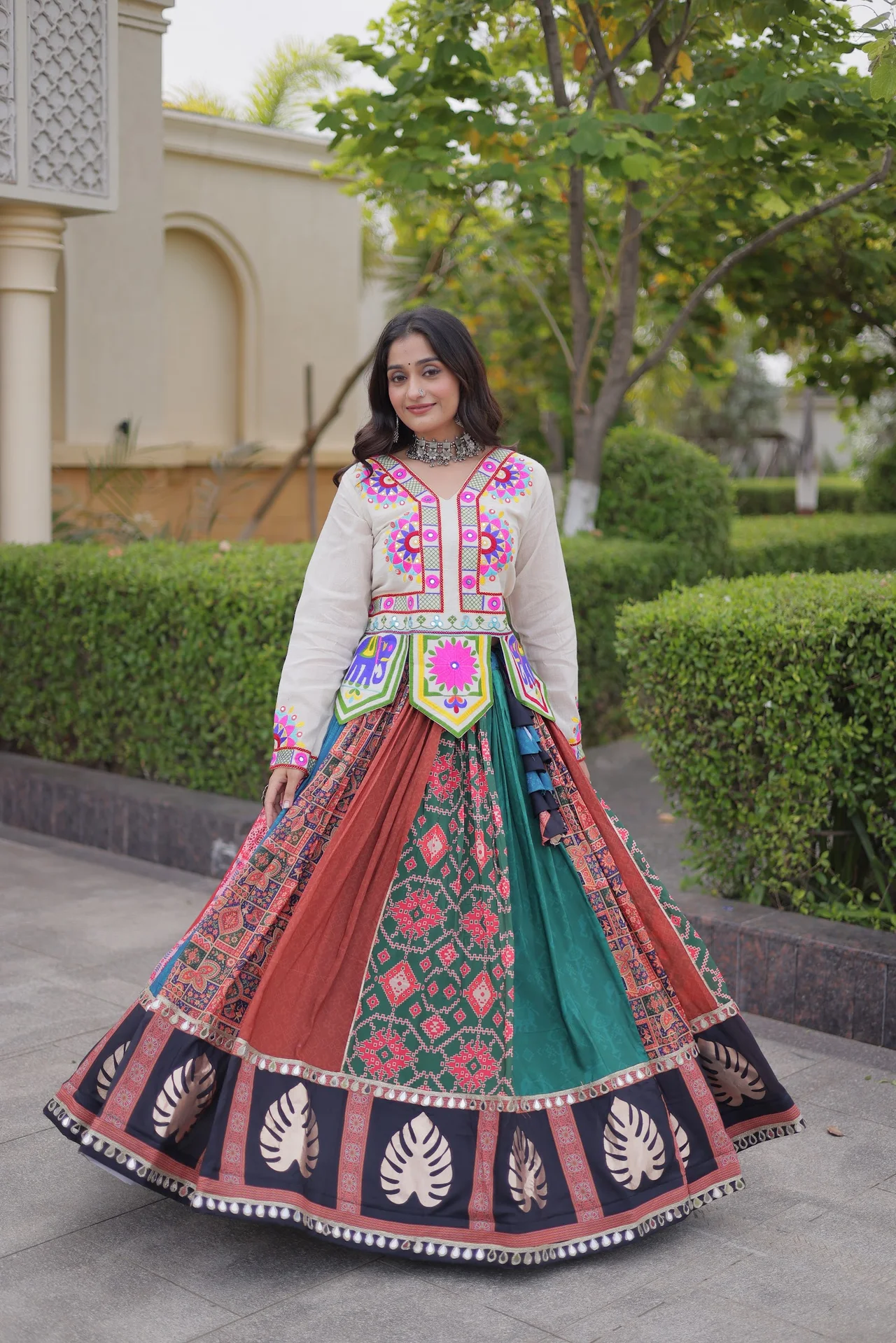 Women's Cotton Printed Lehenga Choli with Kutchi Embroidered Top in Multicolour