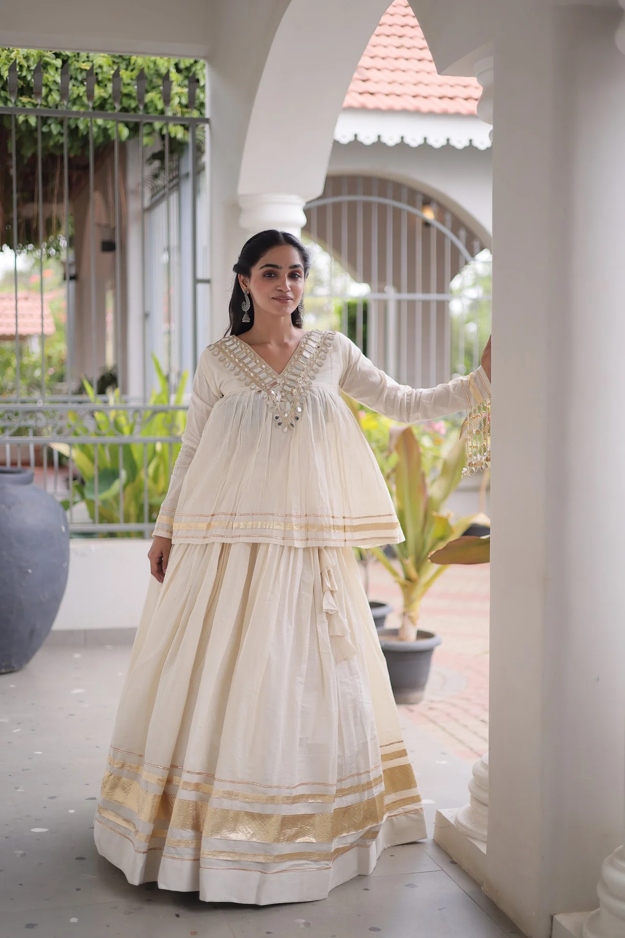 Women's Kora Cotton Lehenga Choli with Stitched Blouse | Zari Patta & Gota Patti Work | 3.5 Mtr Flair | Navratri Festive Wear