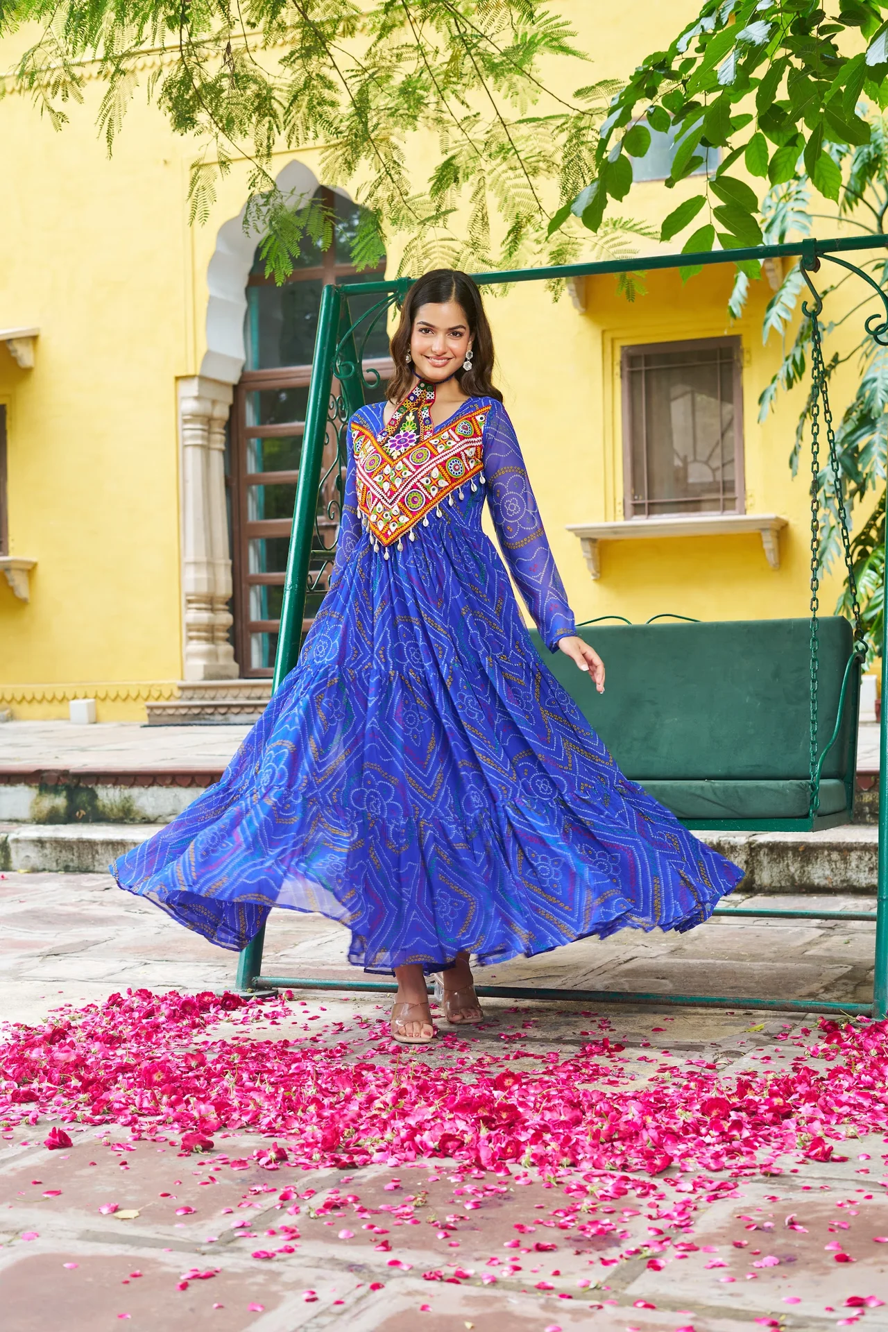 Women's Faux Georgette Bandhani Print Gown with Kutchi Patchwork in Royal Blue