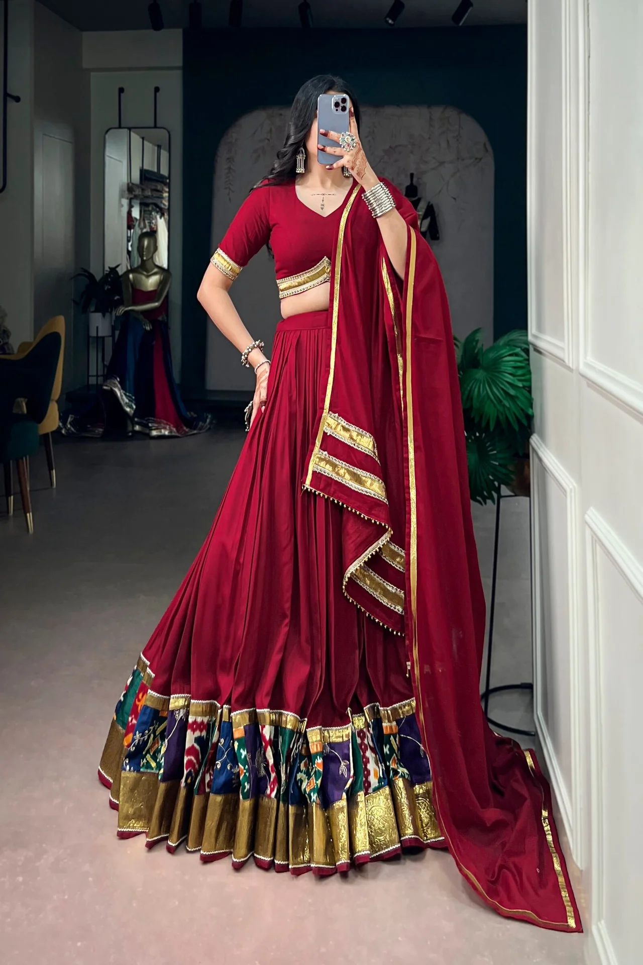 Navratri 2026 Multicolour Printed Rayon Lehenga Choli with Mal Cotton Dupatta in Red