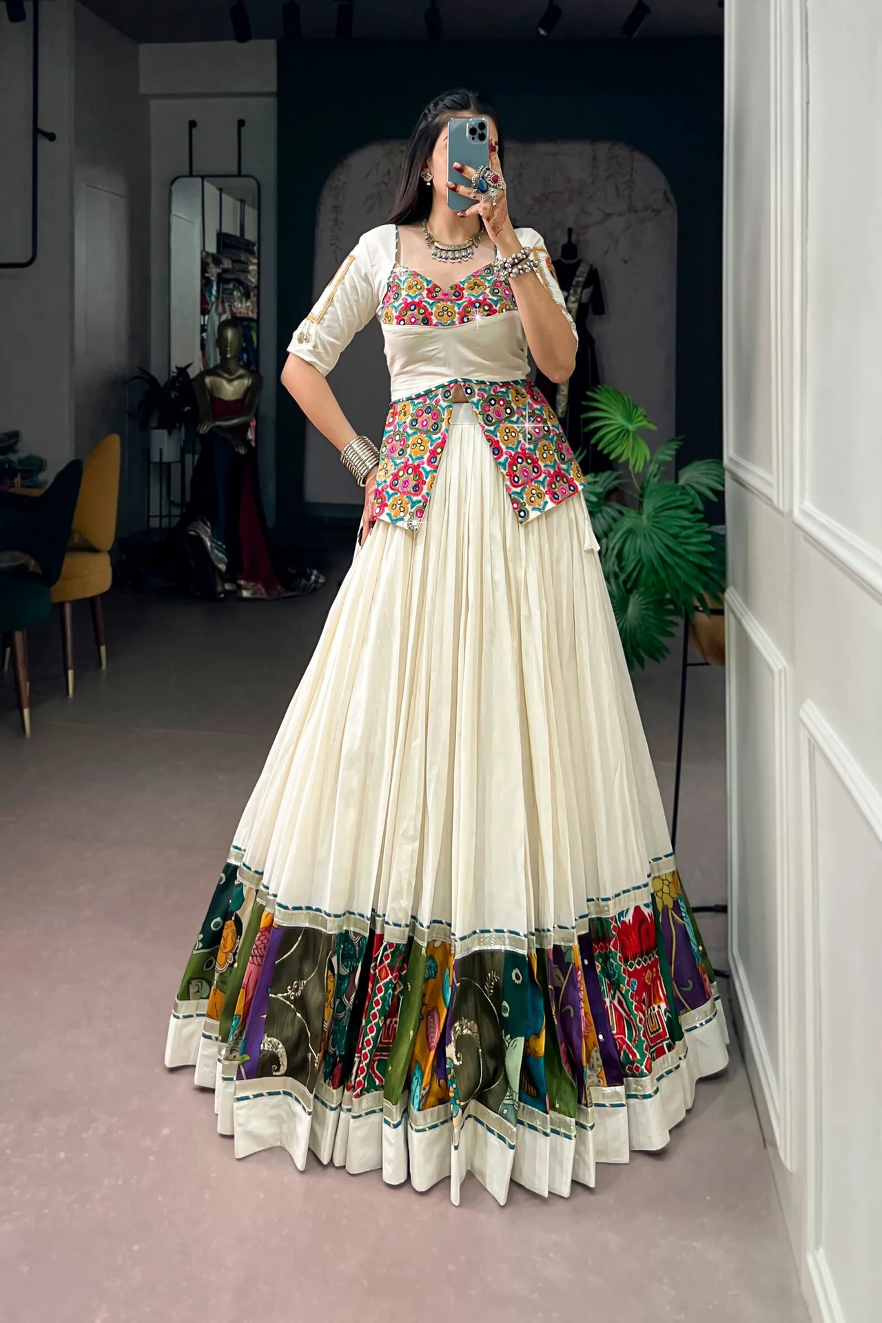 Women's Khadi Cotton Lehenga Choli with Multicolor Panel Border & Gamthi Work Blouse in Off White