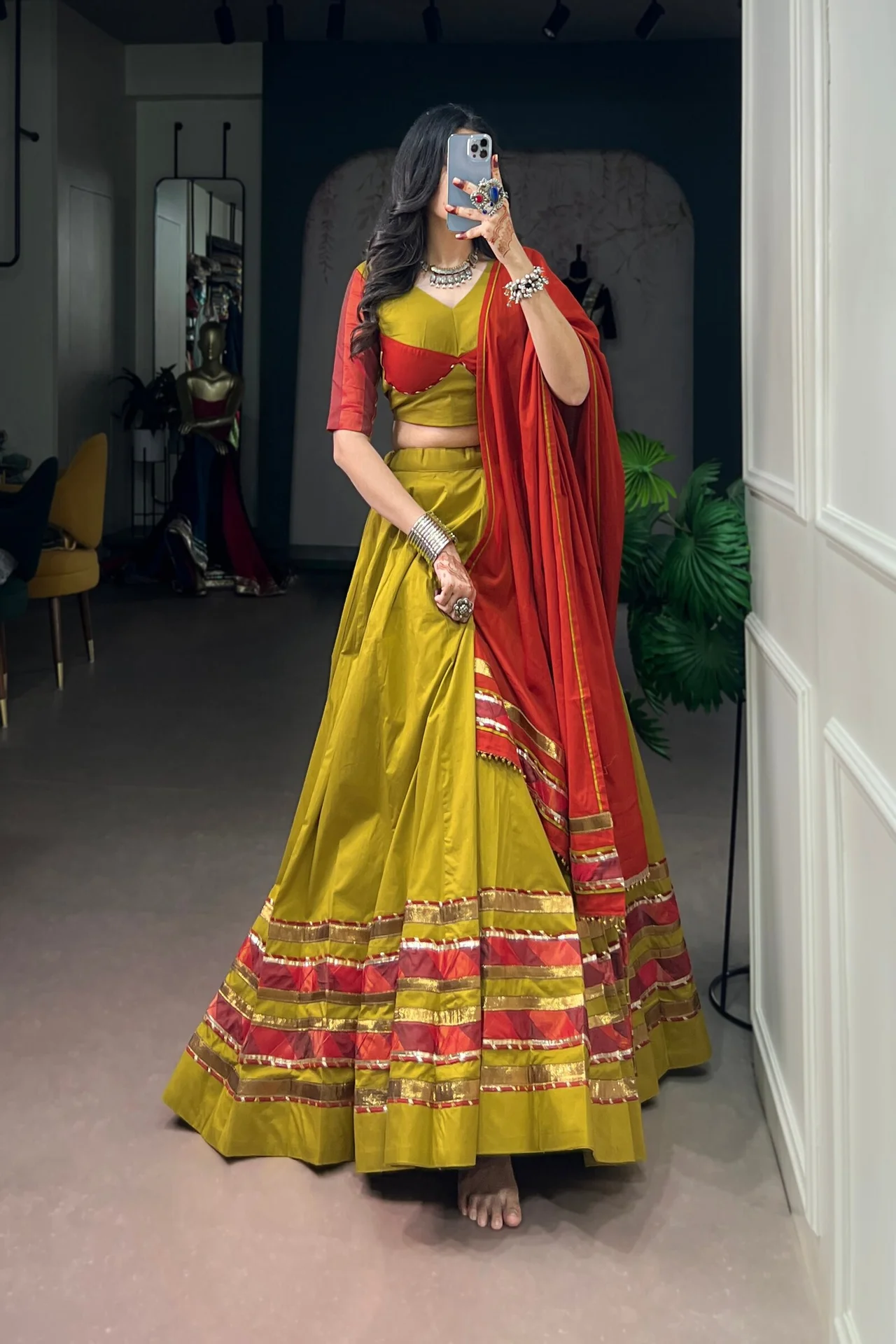Women's Dhabu Cotton Lehenga Choli with Embossed Design & Ghughri Lace Work in Yellow