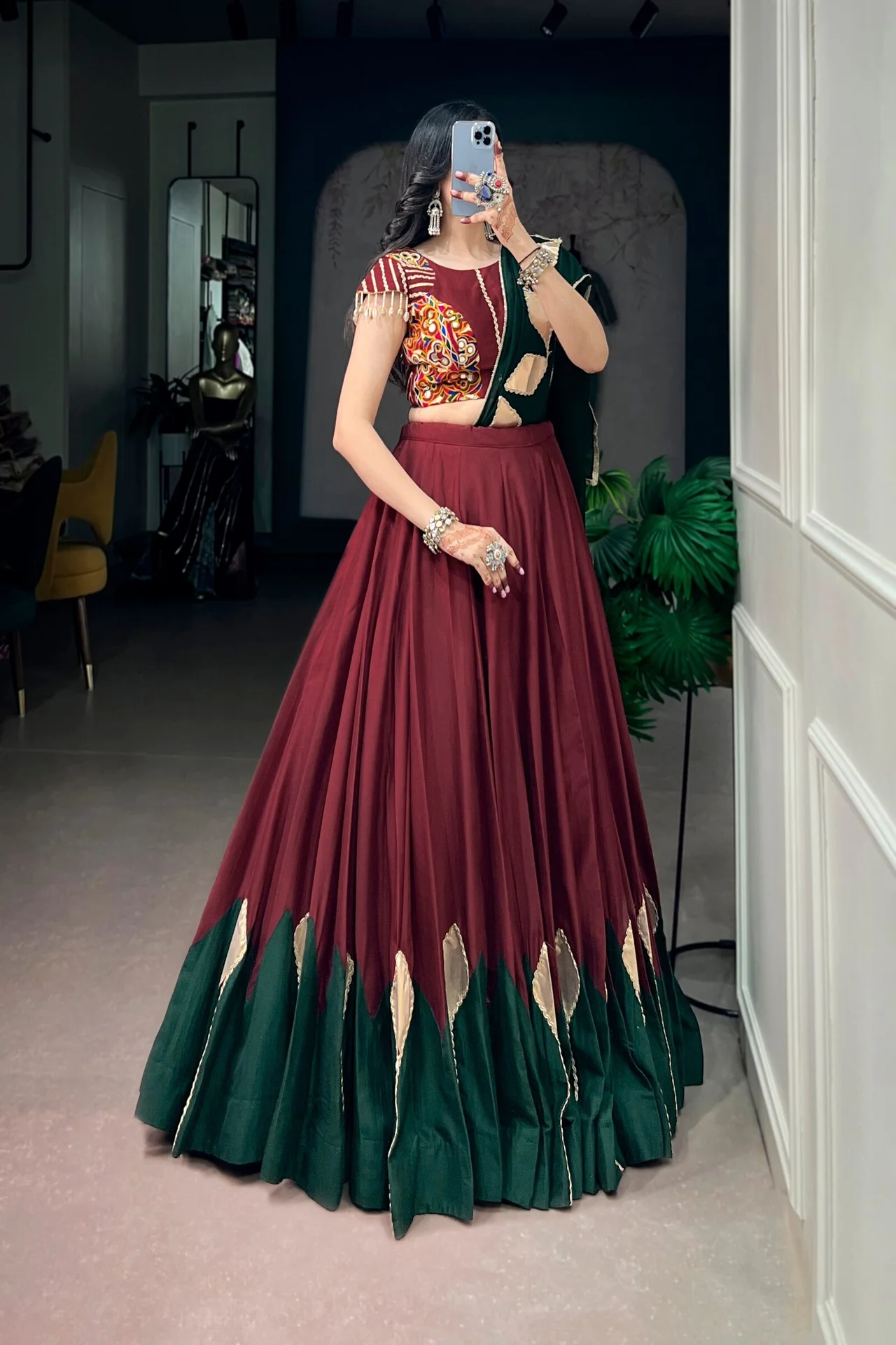 Women’s Chinon Lehenga Choli with Gotta Patch Work & Gamthi Blouse in Maroon
