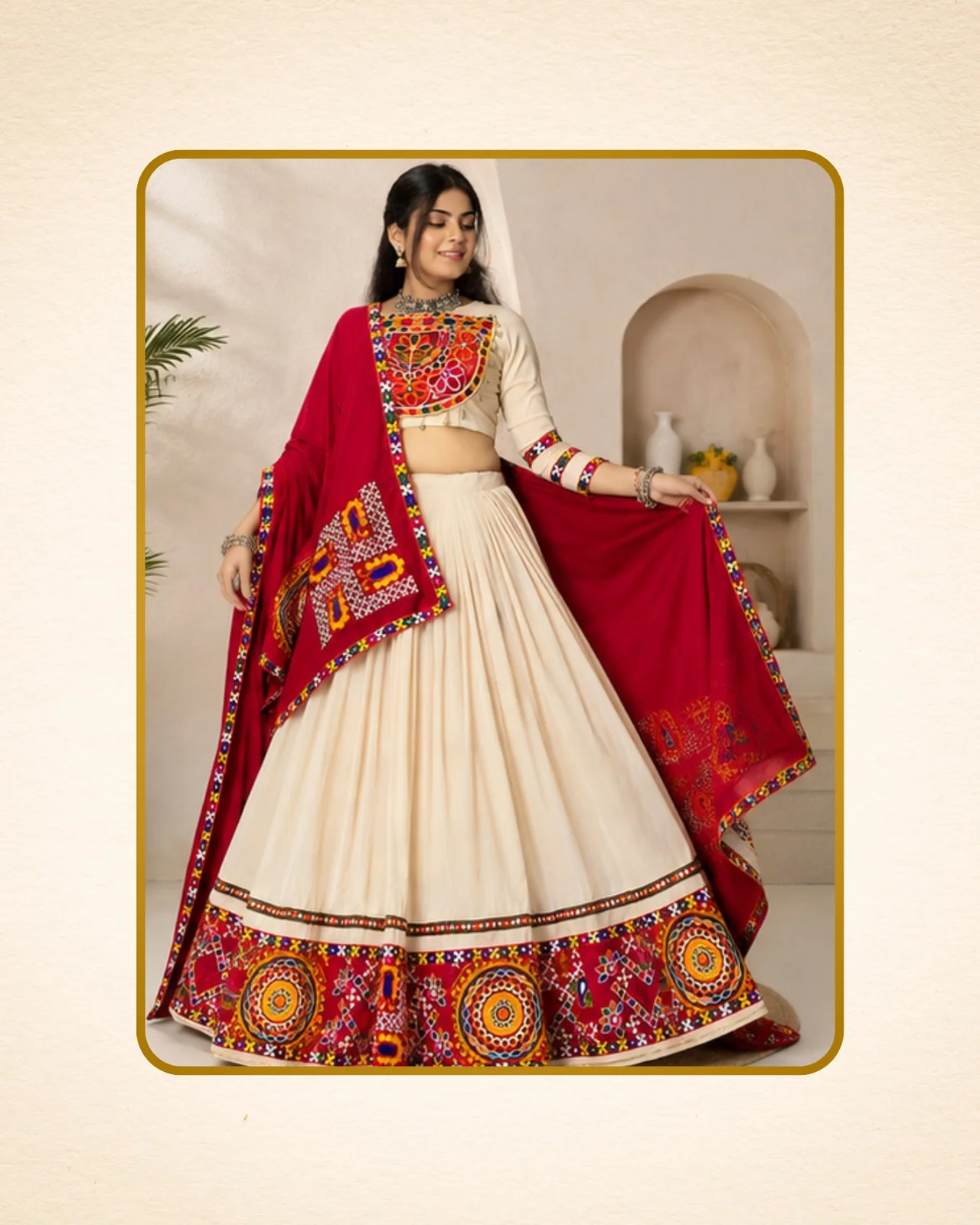 Women’s Classical Premium Gamthi Mirror Work Lehenga Choli in Off White